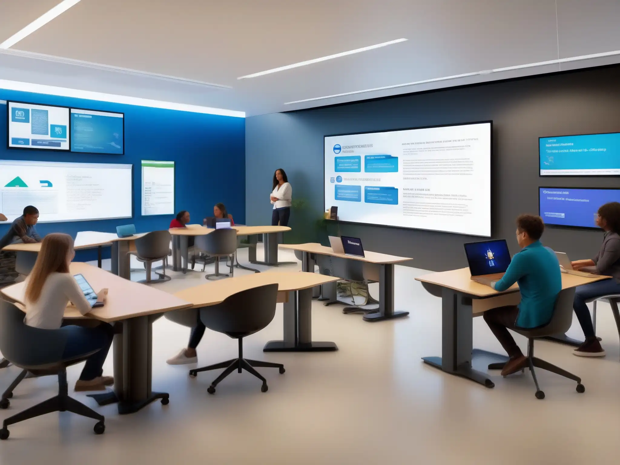 Aula híbrida: aprendizaje interactivo y colaborativo en un entorno moderno Salón de clases con aprendizaje híbrido presencial virtual, integrando herramientas tradicionales y digitales en un ambiente dinámico y colaborativo