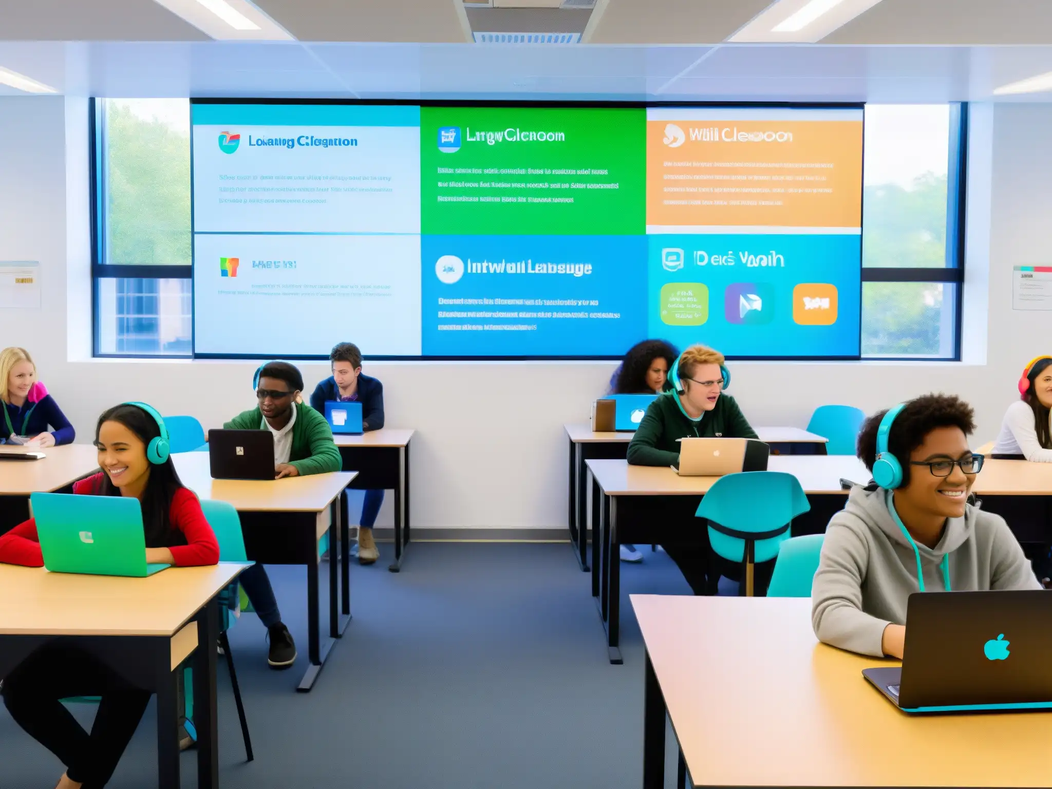 Clase de idiomas interactiva y colaborativa con tecnología moderna Salón de clases de idiomas con tecnología, colaboración y enseñanza efectiva en la mejor plataforma de videoconferencia para cursos de idiomas