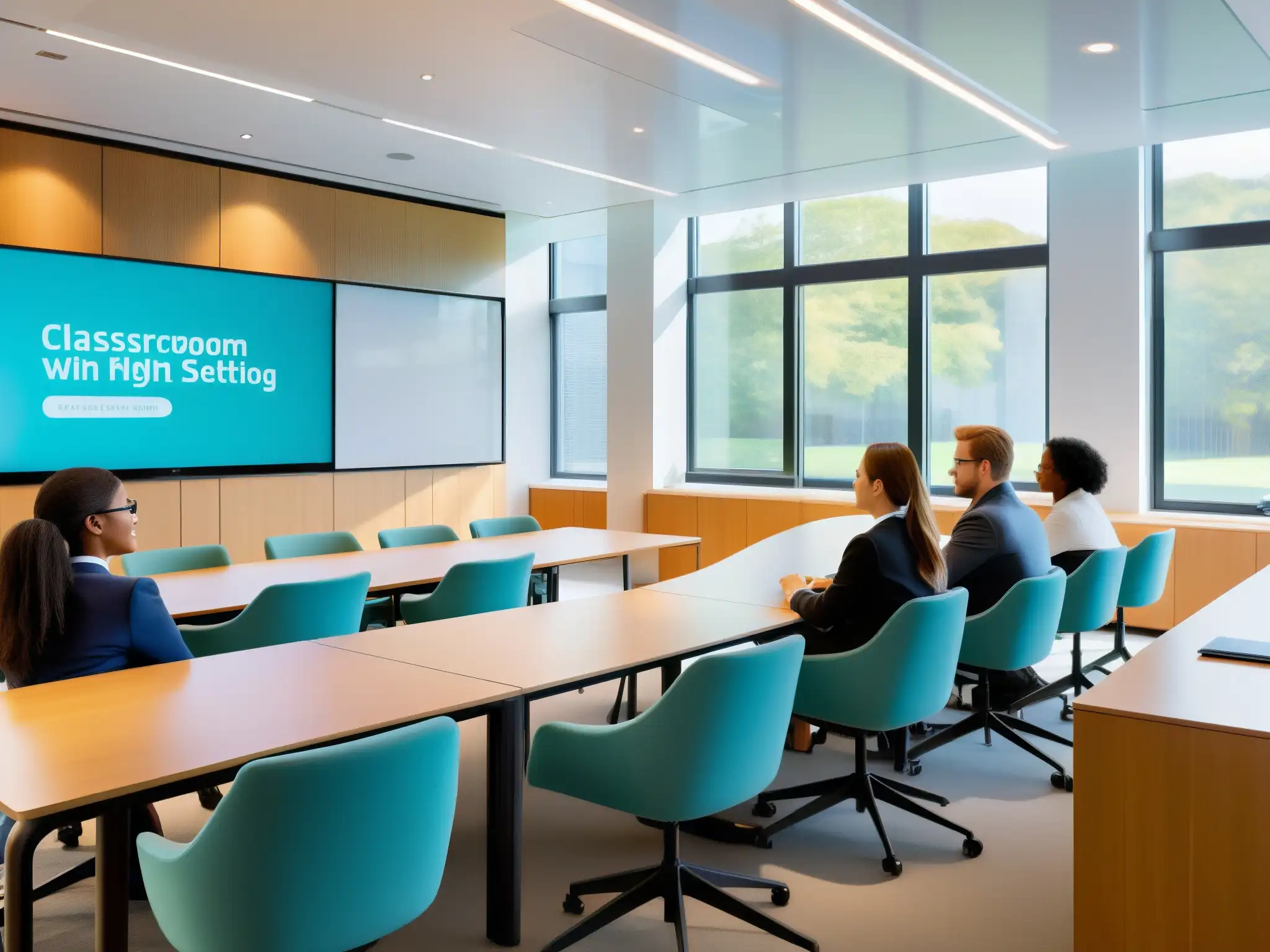 Salón de clases moderno con integración de videoconferencia Salón de clases moderno con luz natural y tecnología avanzada para videoconferencia