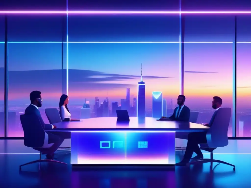 Sala de conferencias futurista: videoconferencia profesional en la ciudad Salón de conferencias futurista con herramientas de videoconferencia, términos de privacidad y profesionalismo en una ciudad al atardecer