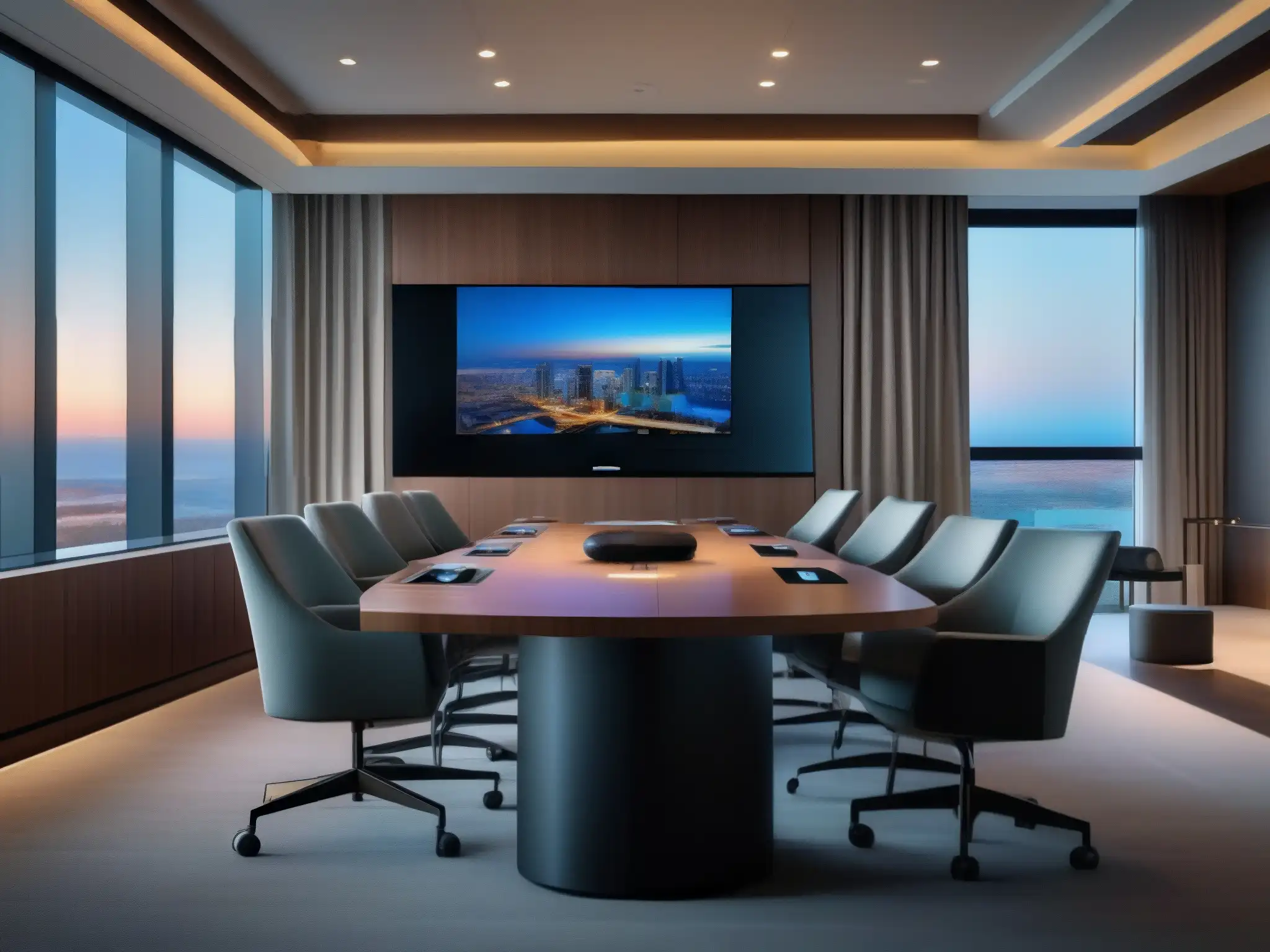 Conferencia de hotel con Zoom: tecnología y elegancia Un salón de conferencias de hotel con sistema de videoconferencia moderno