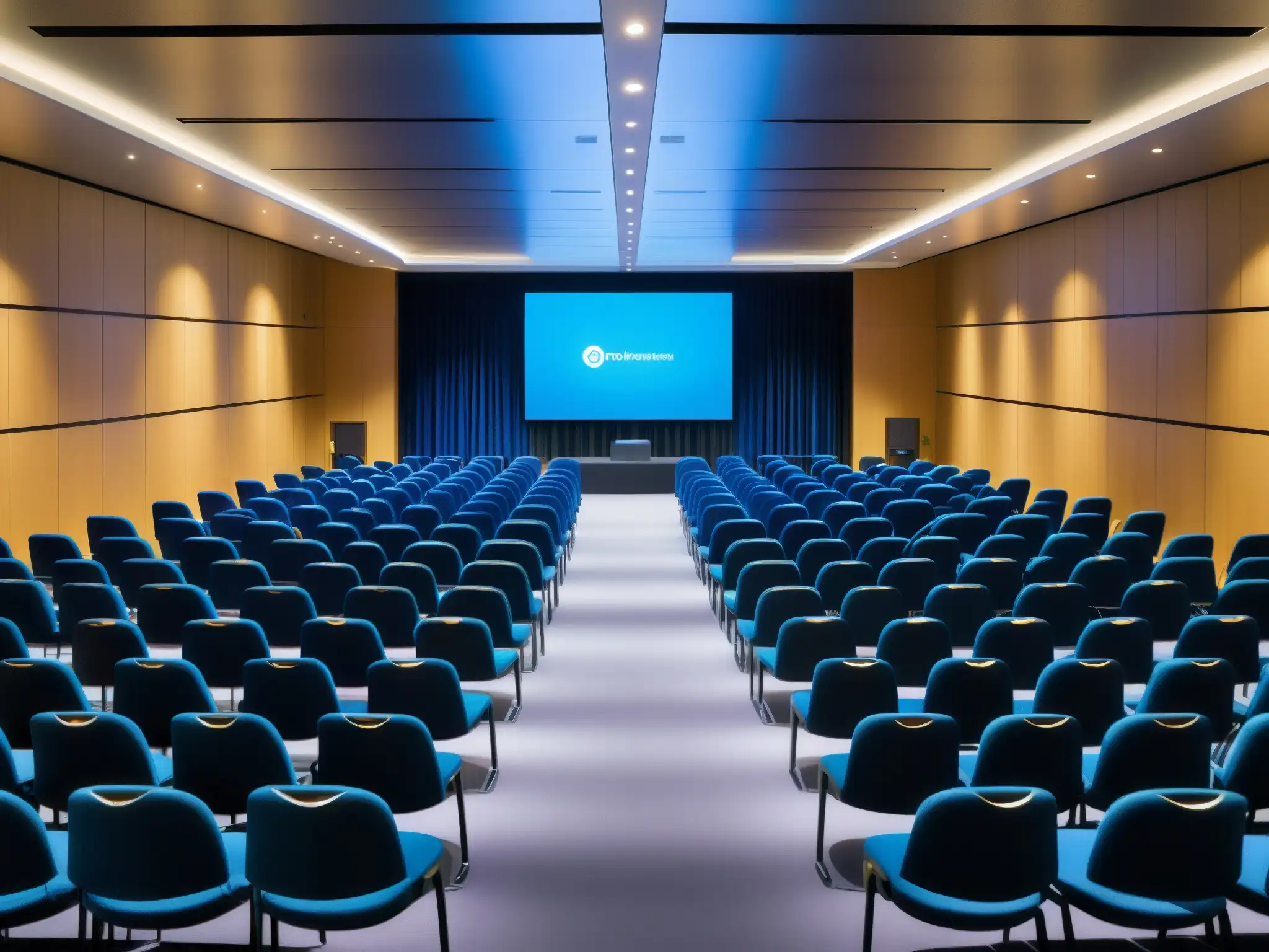 Salón de conferencias moderno y sofisticado con tecnología de vanguardia Salón de conferencias con las mejores herramientas de videoconferencia para grandes eventos, moderno y sofisticado, con iluminación ambiental suave y vibrantes visuales en las pantallas