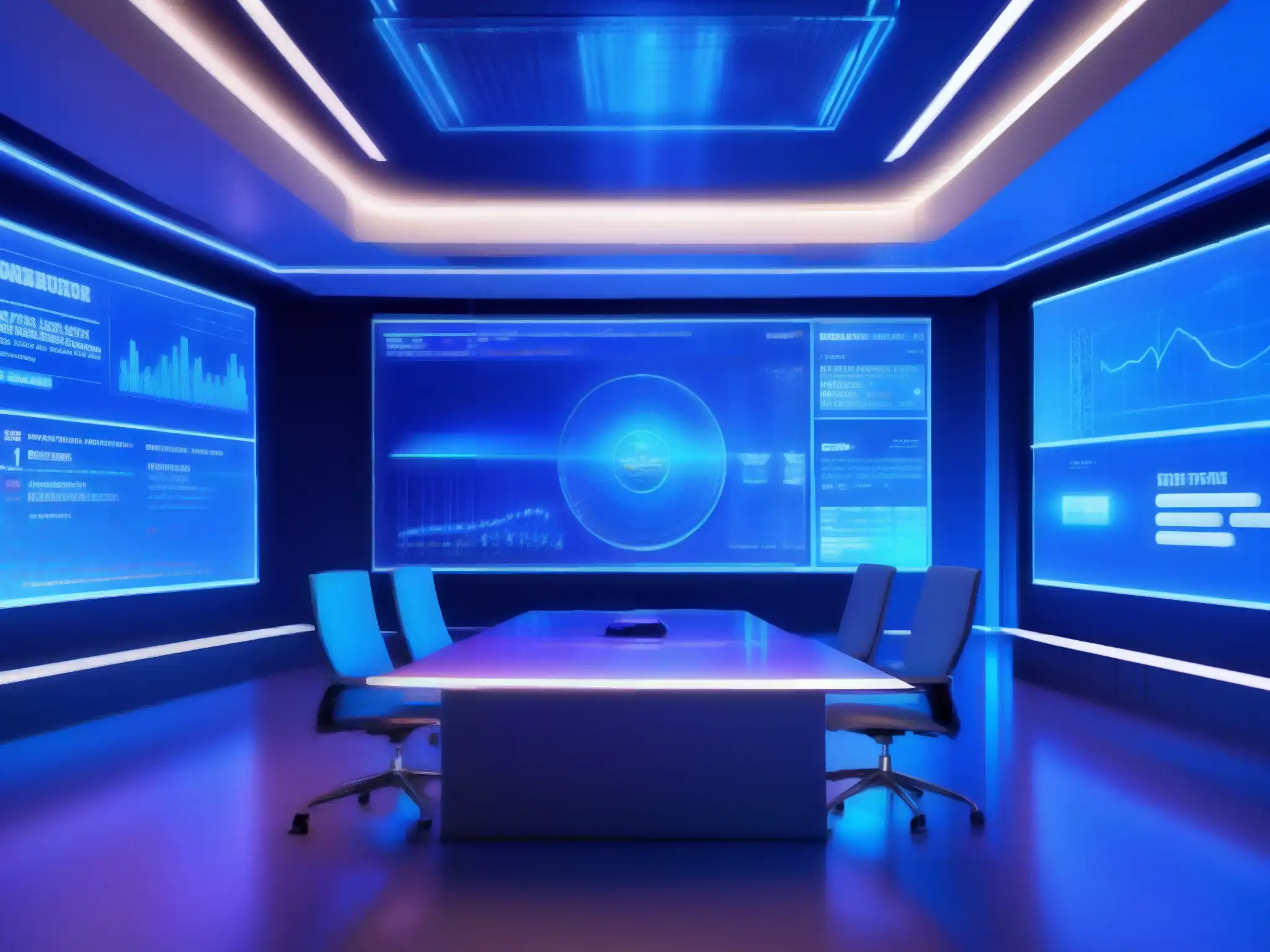 Sala de conferencias virtual con ciberseguridad avanzada Un salón de conferencias virtual futurista con protocolos de protección contra el malware en videoconferencia
