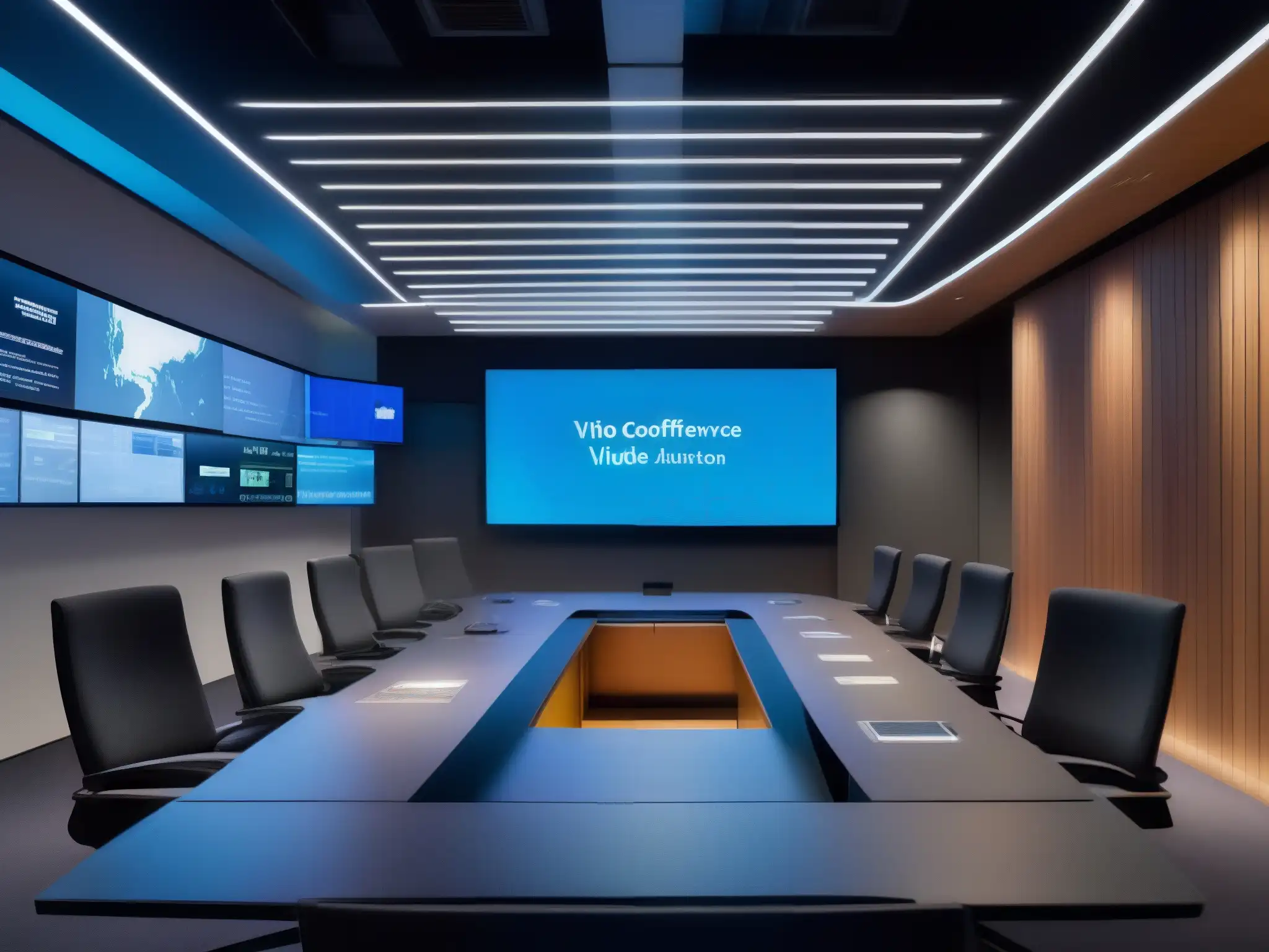 Sala de videoconferencias futurista: tecnología avanzada y colaboración profesional Un salón futurista para videoconferencias, con tecnología avanzada y diseño minimalista