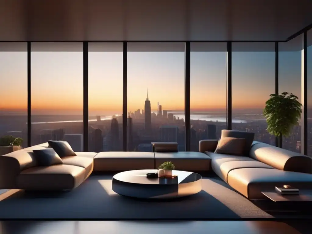 Salón moderno con tecnología inteligente y vistas urbanas Salón moderno con integración de dispositivos inteligentes y videoconferencia, iluminado por la cálido luz del sol y vistas a la ciudad
