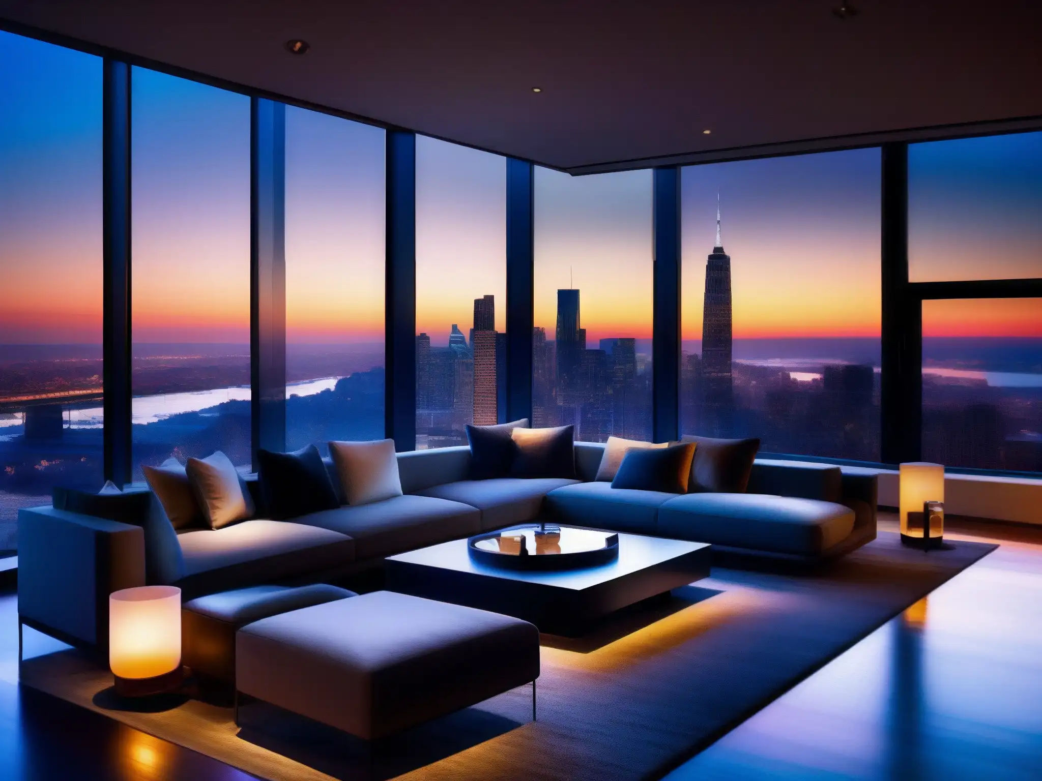 Sala de estar de lujo con vista panorámica al atardecer Salón moderno y lujoso con vista urbana al atardecer, ideal para visitas virtuales Comparativa Matterport Zoom