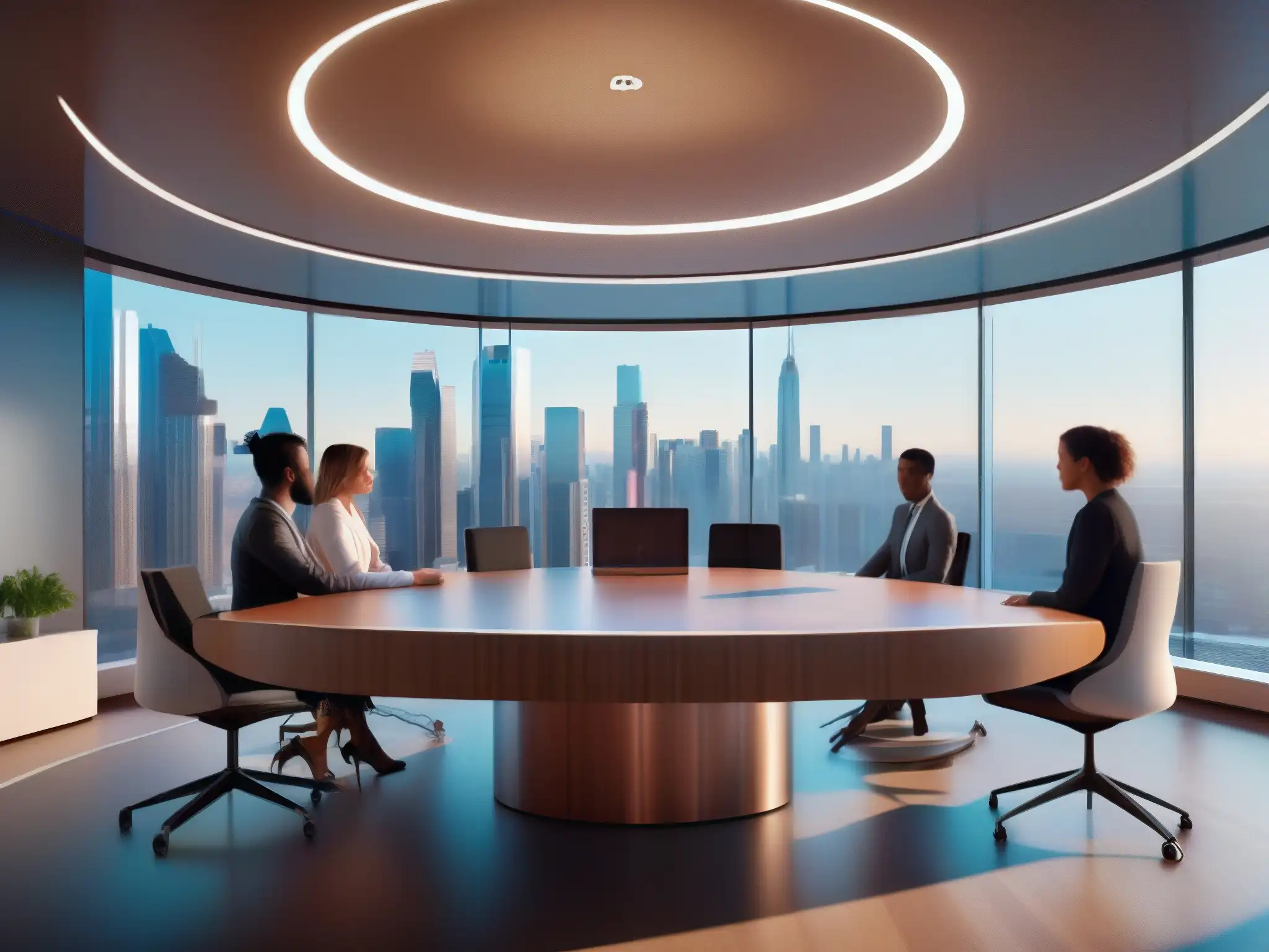 Sala de reuniones virtuales futurista con IA en acción Salón de reuniones virtual futurista con automatización de agendas y minutas con IA