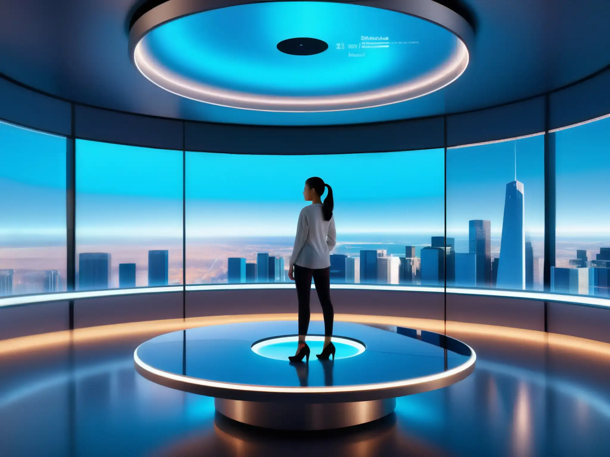 Salón de reuniones virtuales futurista con hologramas interactivos y asistente virtual Salón de reuniones virtual futurista con herramientas de videoconferencia con asistentes virtuales en ambiente tecnológico y sofisticado