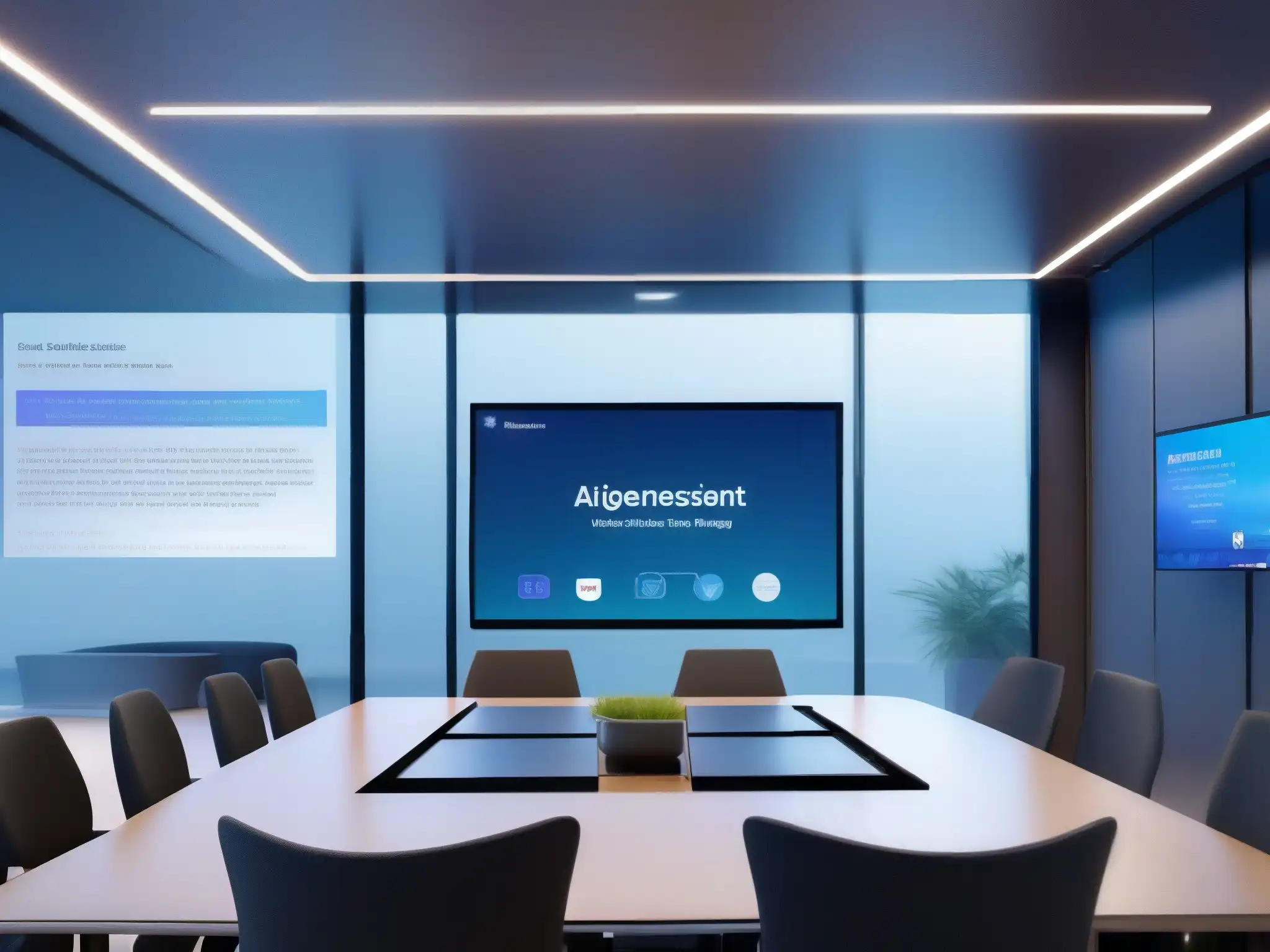 Sala de reuniones virtuales futurista con IA para agenda y minutas Salón de reuniones virtuales futurista con IA organizando agendas y minutas de forma automatizada