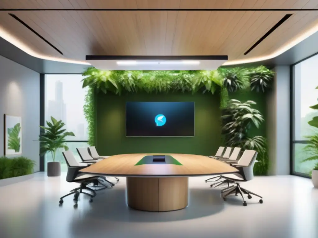 Salón de videoconferencias ecoamigable y futurista Un salón de videoconferencias futurista y ecológico con diseño sostenible, AI y naturaleza
