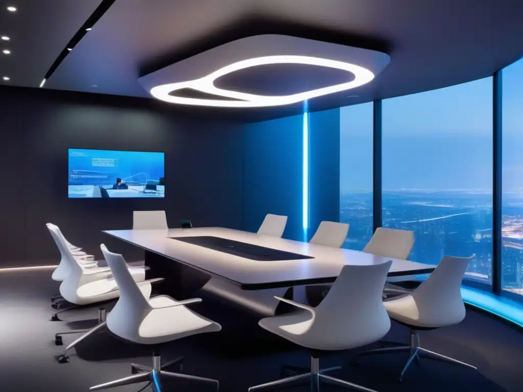Sala de videoconferencias futurista con tecnología AI de vanguardia Un salón de videoconferencias futurista con tecnología AI integrada, pantallas digitales transparentes y una atmósfera innovadora