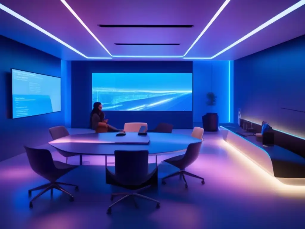 Salón de videoconferencias futurista con tecnología de vanguardia Salón de videoconferencias futurista con tecnología de vanguardia, ambiente moderno y participantes animados