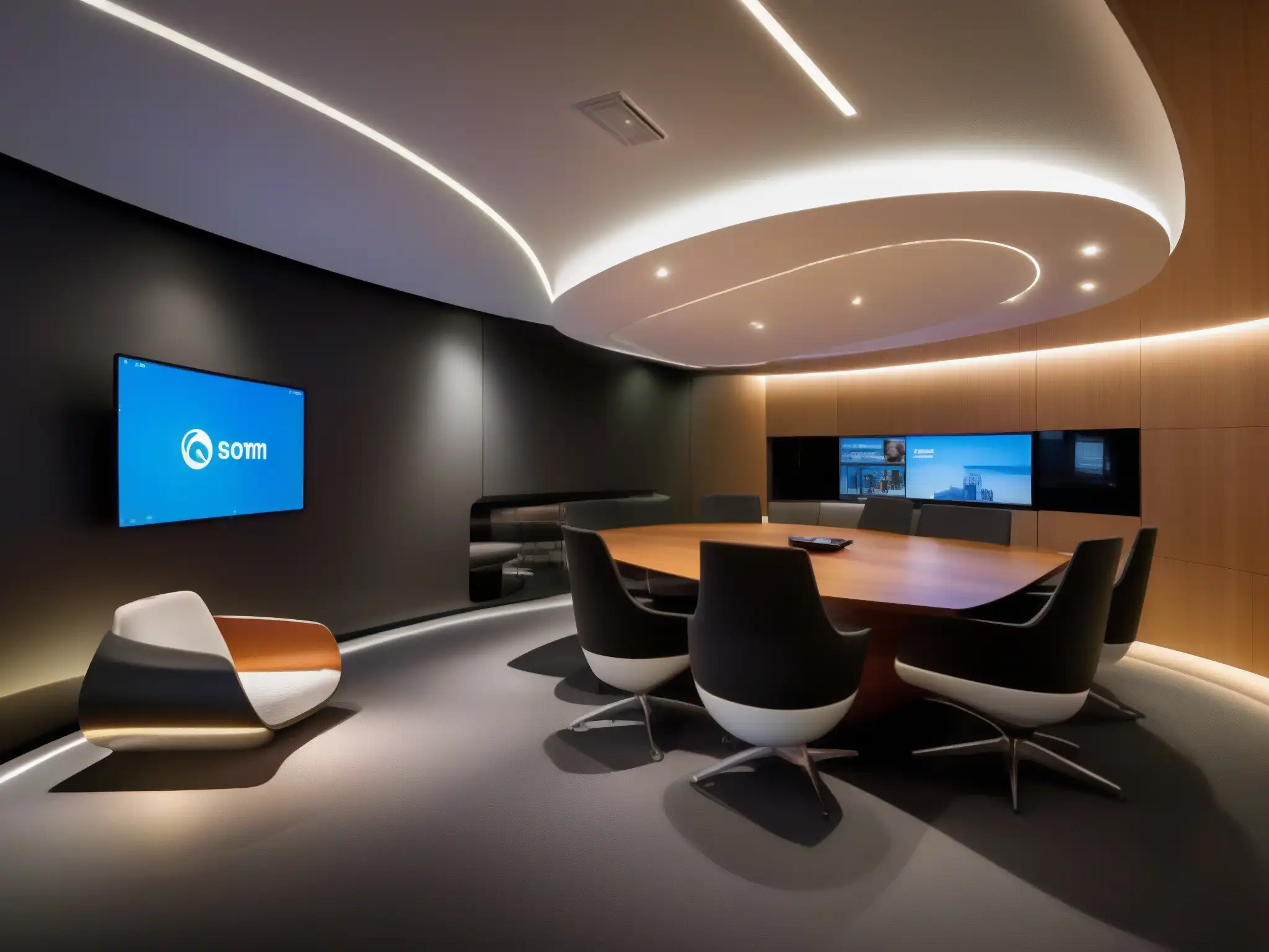 Sala de videoconferencias futurista con tecnología de automatización de vanguardia Un salón de videoconferencias futurista con tecnología de automatización de vanguardia