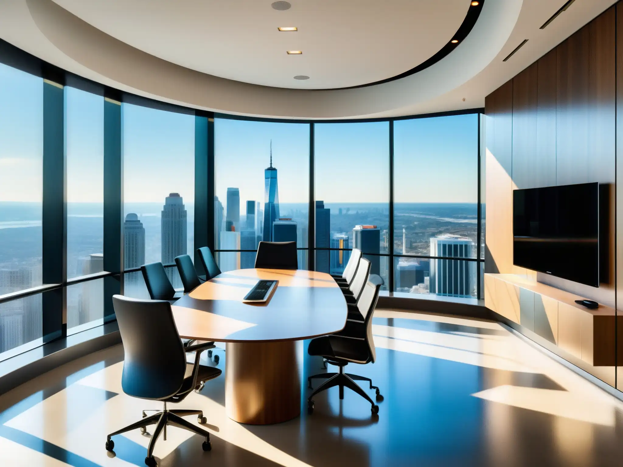 Sala de videoconferencias de lujo con vista a la ciudad Salón de videoconferencias moderno y sofisticado con equipo de vanguardia y diseño minimalista