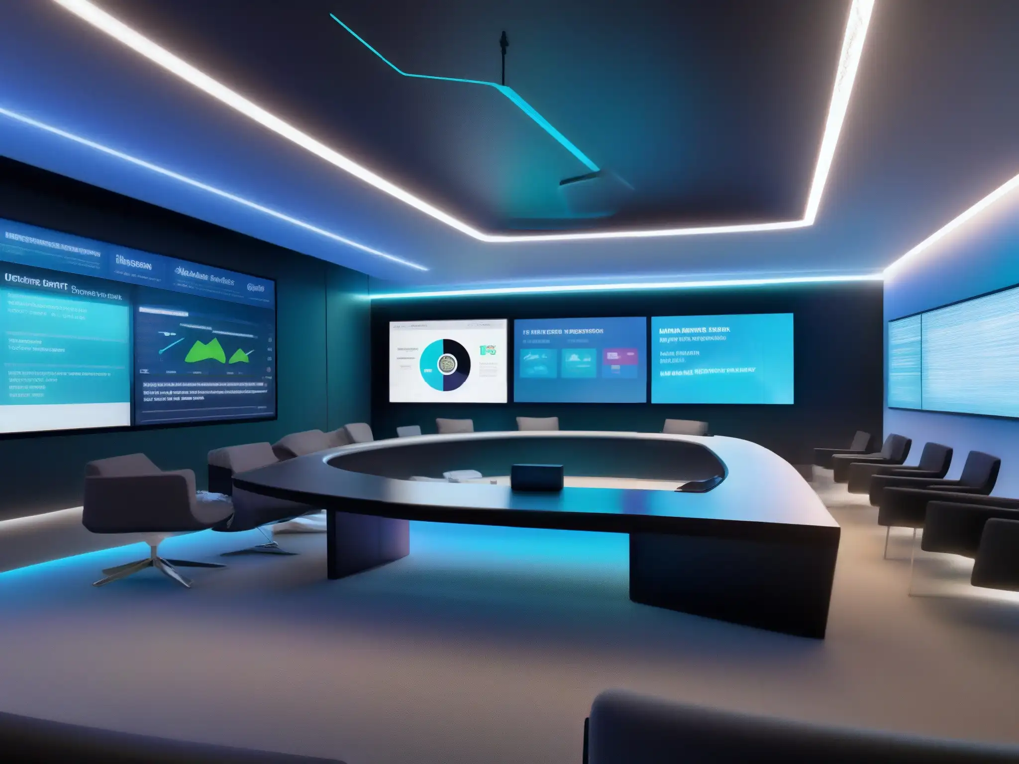 Visualización de Datos en Sala de Videoconferencias Un salón de videoconferencias virtuales con visualizaciones de Big Data proyectadas en las paredes