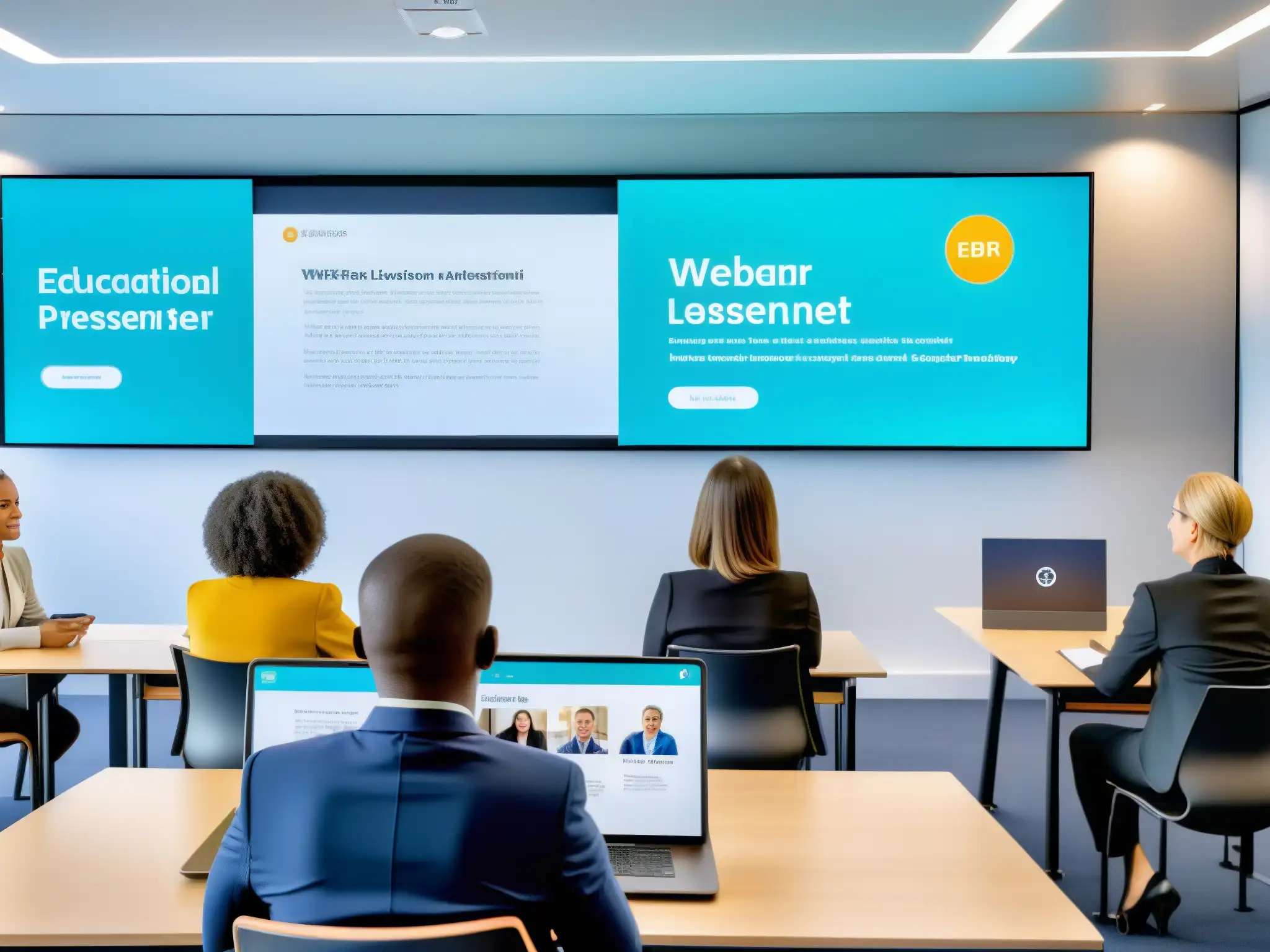 Webinar educativo con presentador profesional Un seminario web efectivo de educación continua en un aula moderna y dinámica, con presentador y participantes comprometidos