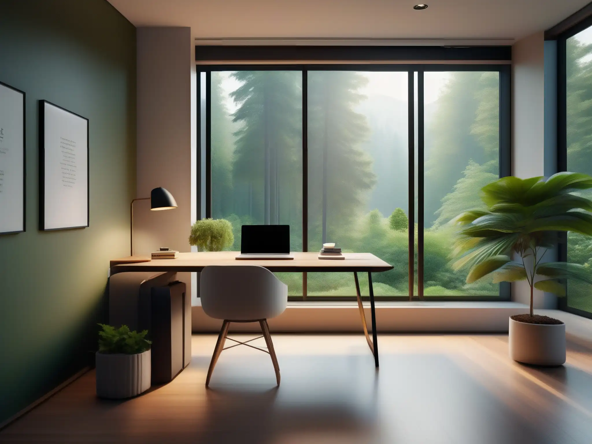 Oficina en casa con vista a bosque: productividad tranquila Un sereno y minimalista despacho con ventana grande que da a un exuberante bosque
