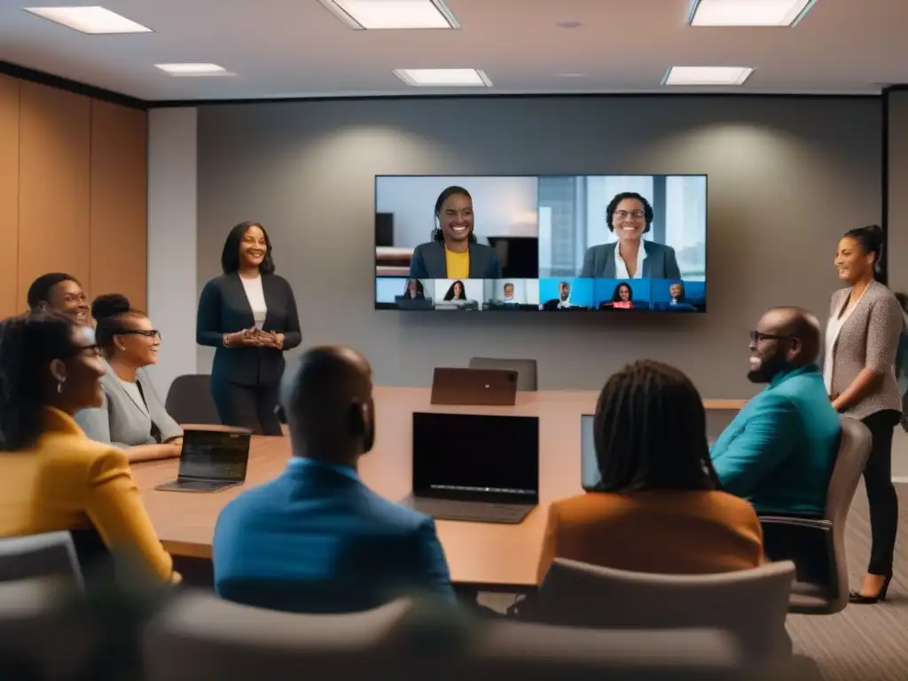 Videoconferencia inclusiva: diversidad y profesionalismo Servicios de videoconferencia inclusivos: Grupo diverso participa en una videoconferencia con tecnologías accesibles en un entorno profesional