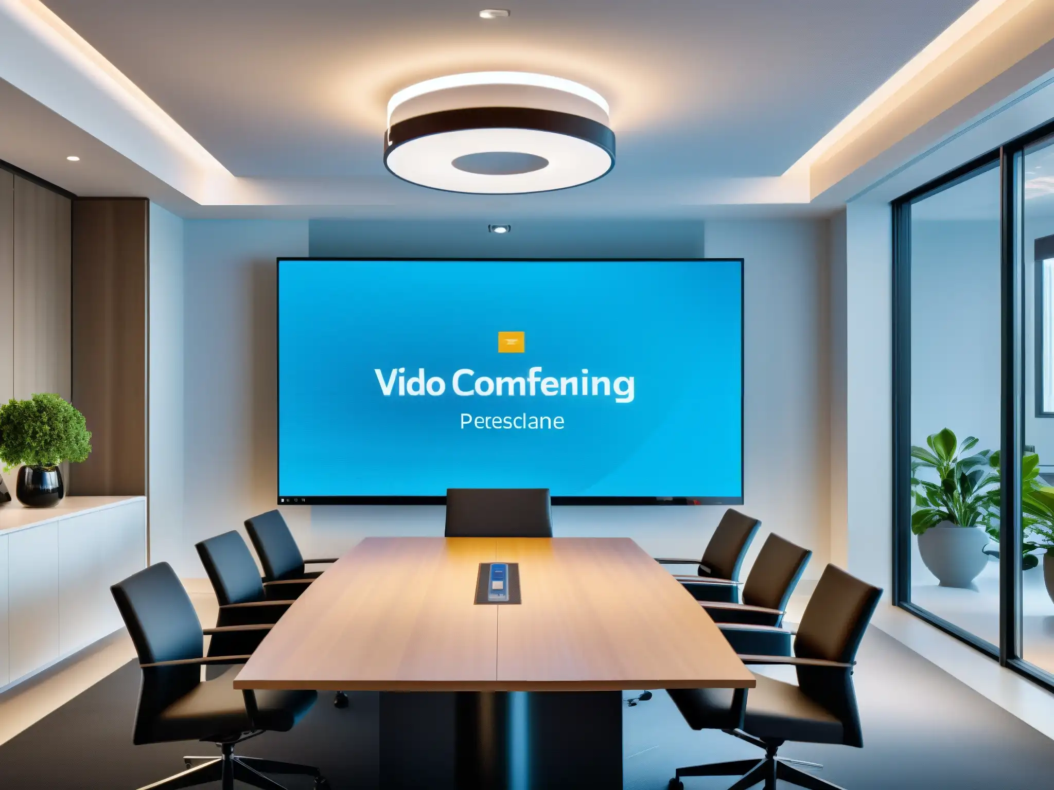 Oficina minimalista con videoconferencia profesional Servicios de videoconferencia personalizados en un entorno profesional y sofisticado con ambiente acogedor y tecnológico innovador