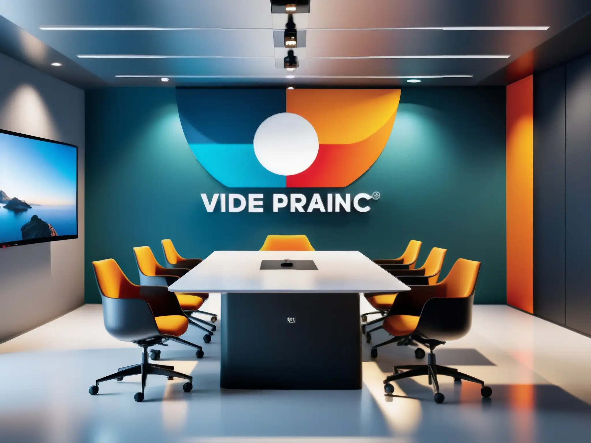 Setup de videoconferencia profesional con logo de empresa Servicios de videoconferencia personalizados con setup moderno y elegante, iluminación profesional y mobiliario ergonómico