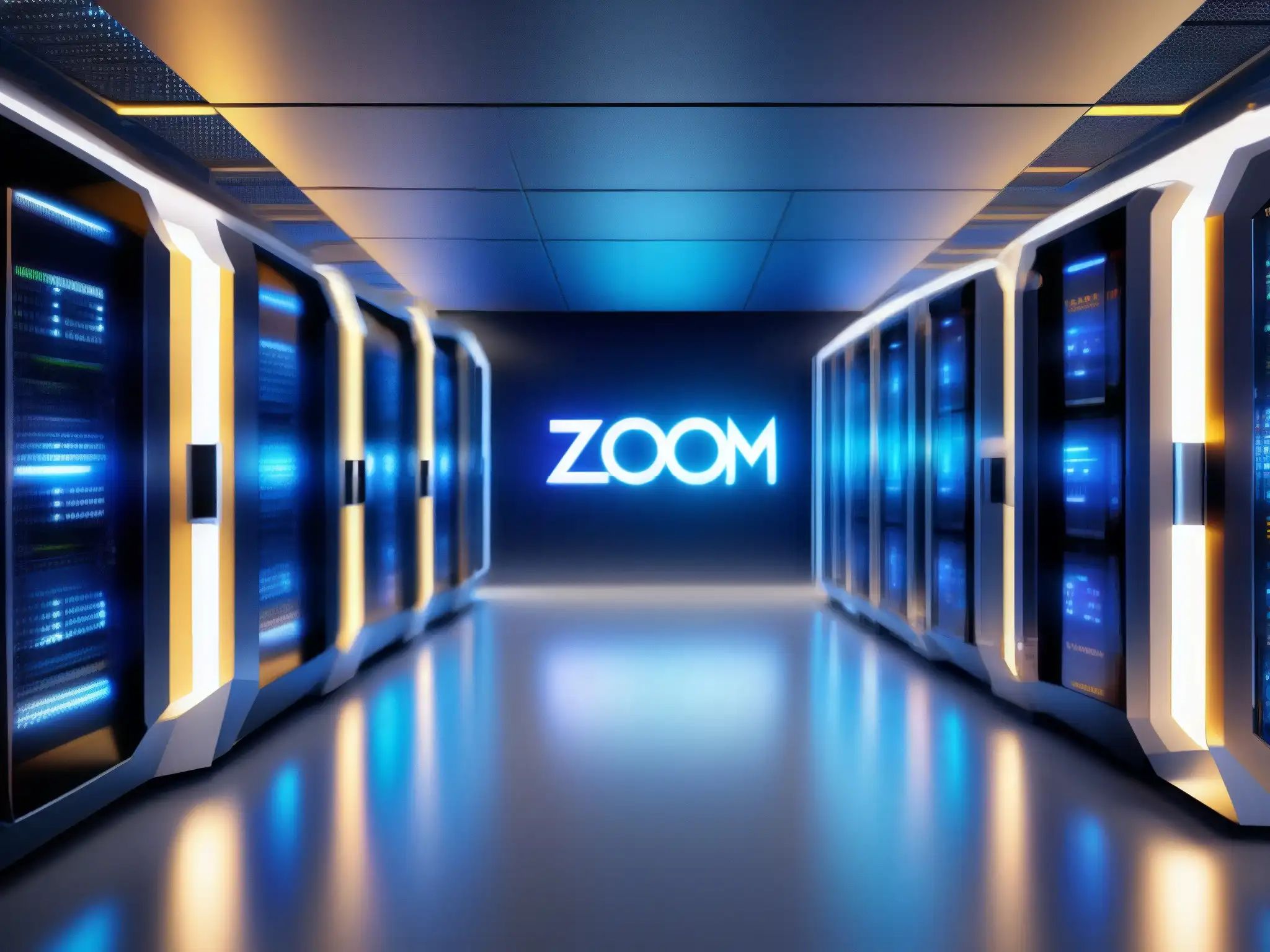 Servidores de Red Zoom y Teams Interconectados - Seguridad Futurista en 8k Dos servidores interconectados, 'Zoom' y 'Teams', con circuitos brillantes y seguridad avanzada