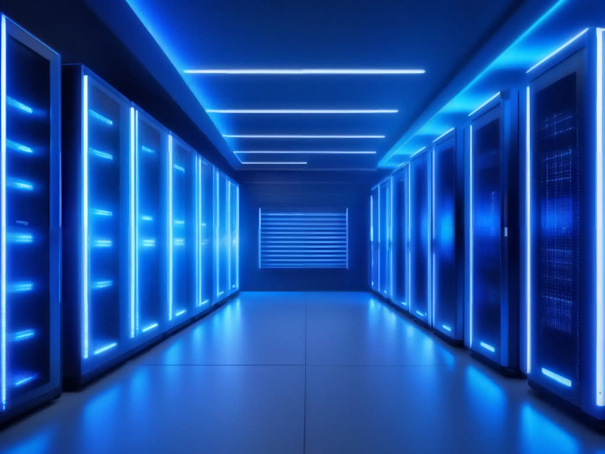 Servidores de almacenamiento en la nube: eficiencia y seguridad Almacén de servidores moderno y minimalista para mejorar almacenamiento videoconferencias cloud, bañado en luz azul