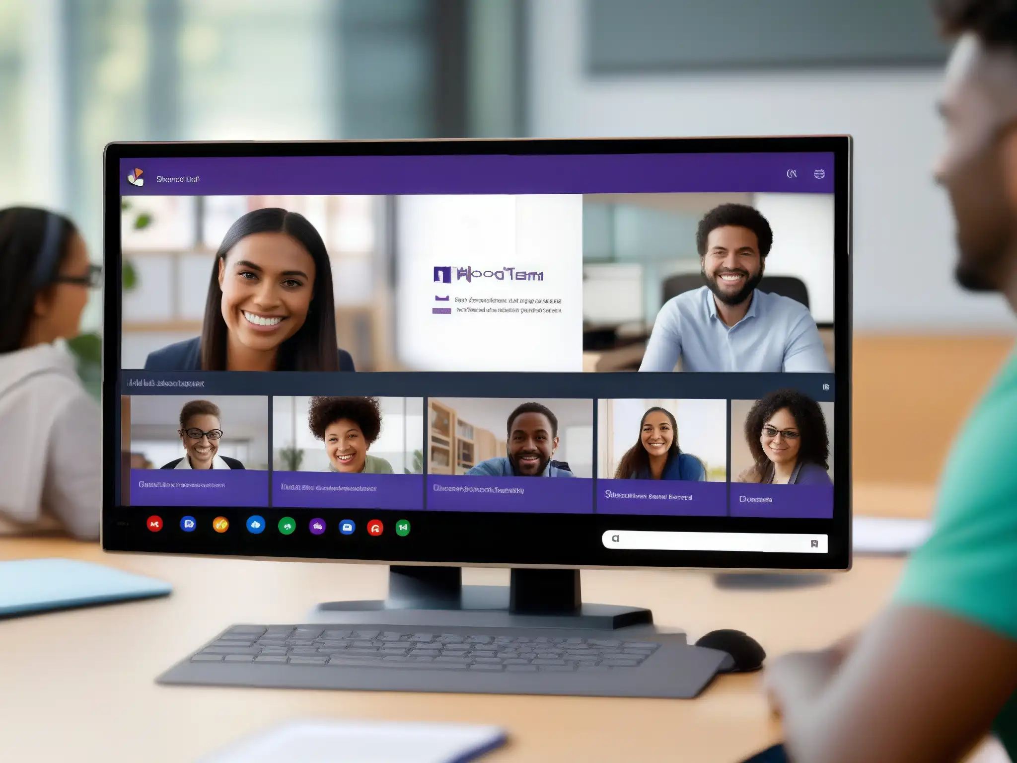 Clase virtual interactiva en Microsoft Teams Una sesión de aprendizaje en línea inclusiva y segura en Microsoft Teams, con participantes usando diversas funciones