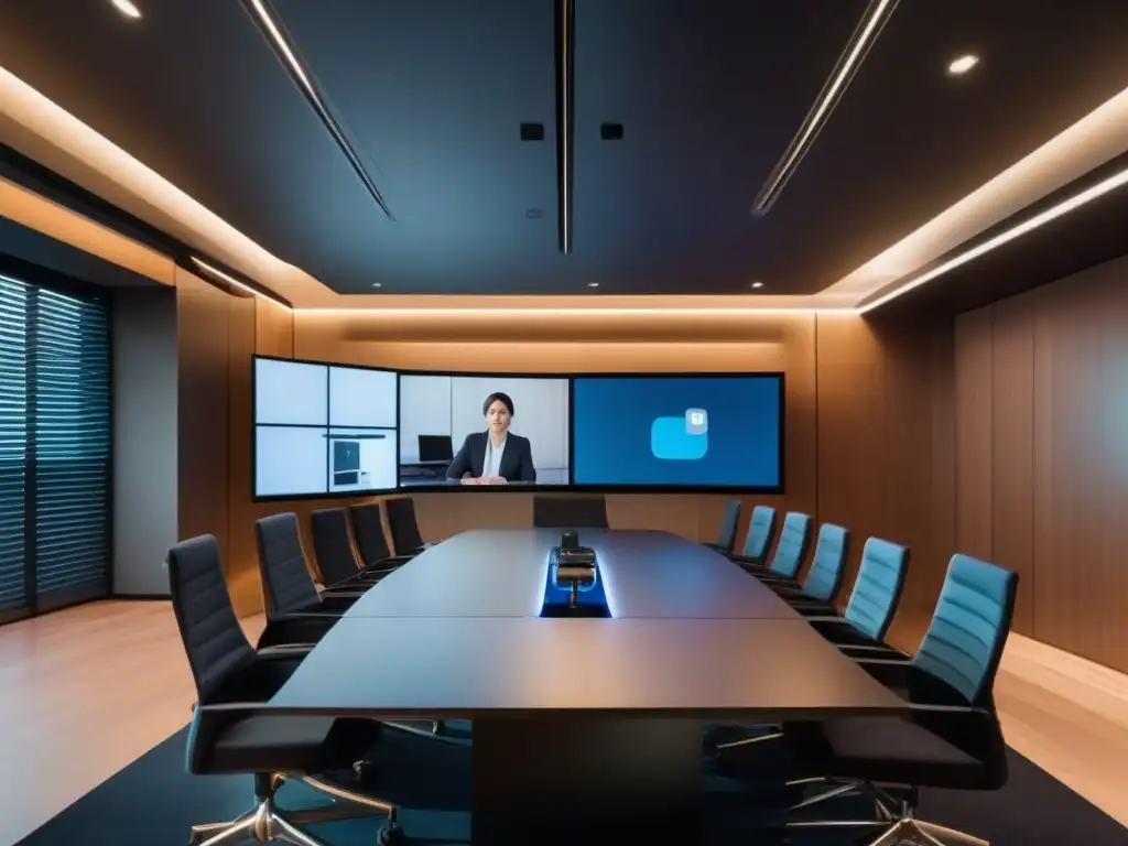 Profesional en videoconferencia global con equipo de vanguardia Un set de videoconferencia profesional con equipamiento moderno y elegante, ambiente cálido y seguro