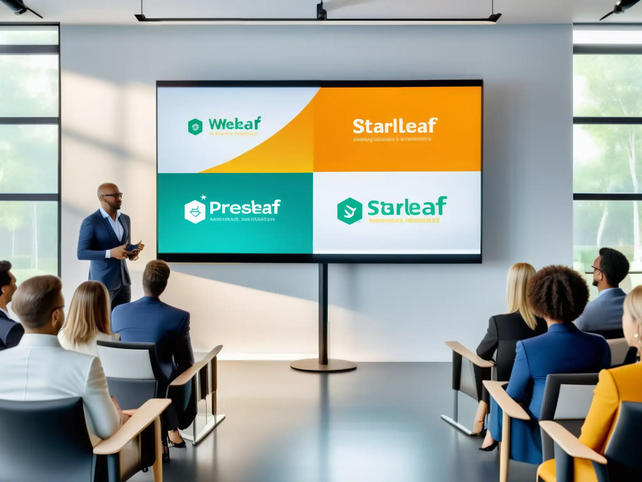 Webinar StarLeaf: Profesionalismo y Participación Un setup moderno para webinar con presentador y pantalla StarLeaf
