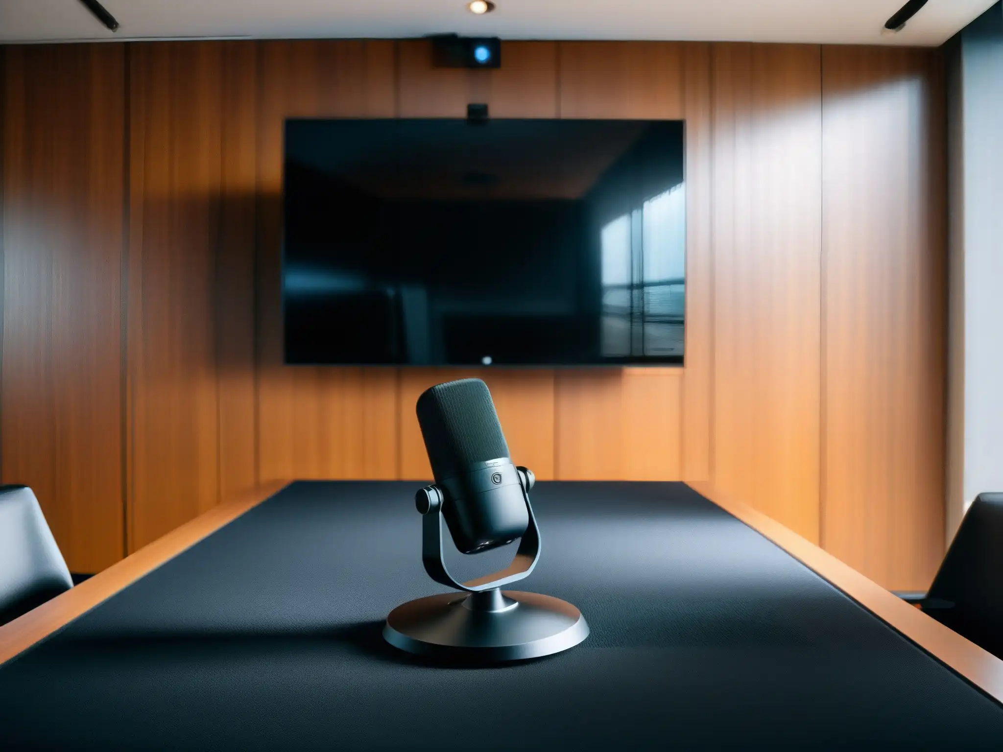Configuración profesional de videoconferencia en 8k Setup profesional de videoconferencia con calidad de audio en un ambiente moderno y bien iluminado
