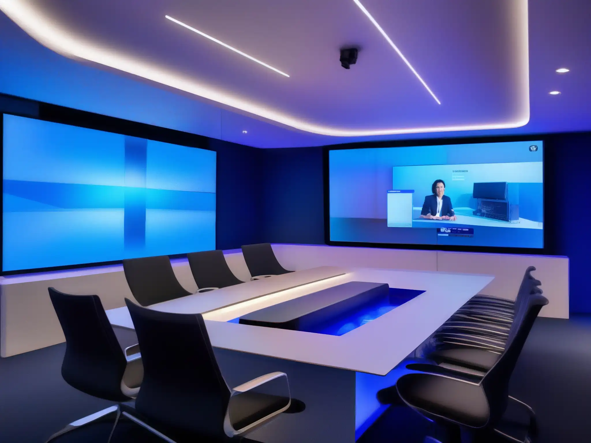 Sala de videoconferencias futurista con tecnología de vanguardia Setup de videoconferencia futurista con dispositivos de alta tecnología y pantallas mostrando video de alta definición