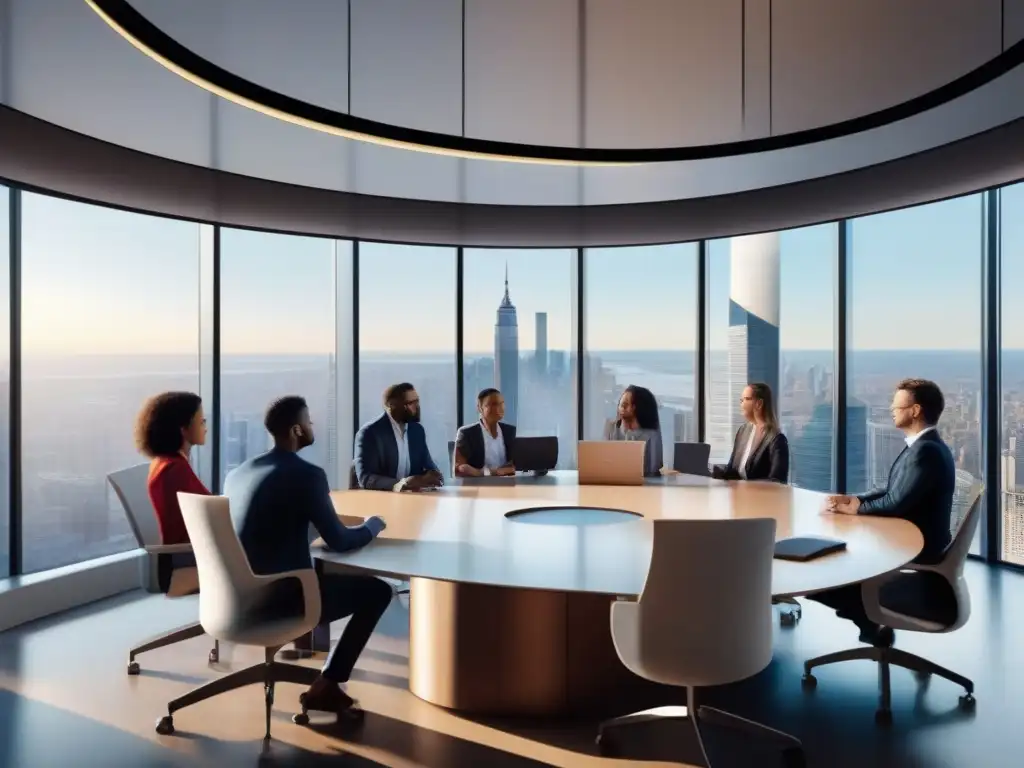 Sala de reuniones virtuales 8K: Profesionales diversificados en una discusión productiva y dinámica Sinergia de plataformas de videoconferencia y asistentes virtuales optimizan reunión de profesionales en sala moderna con vistas a la ciudad