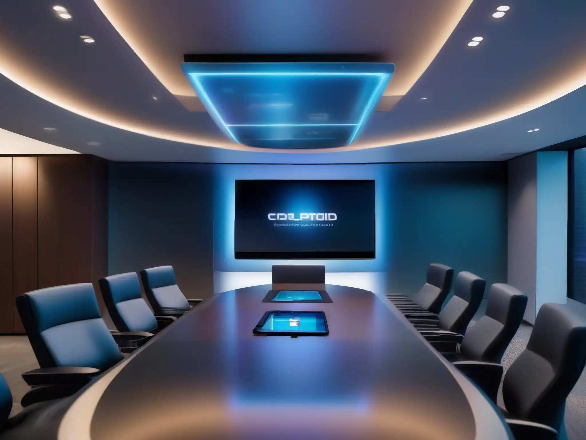 Videoconferencia holográfica AI avanzada en sala futurista Un sistema avanzado de videoconferencias con hologramas 3D realistas