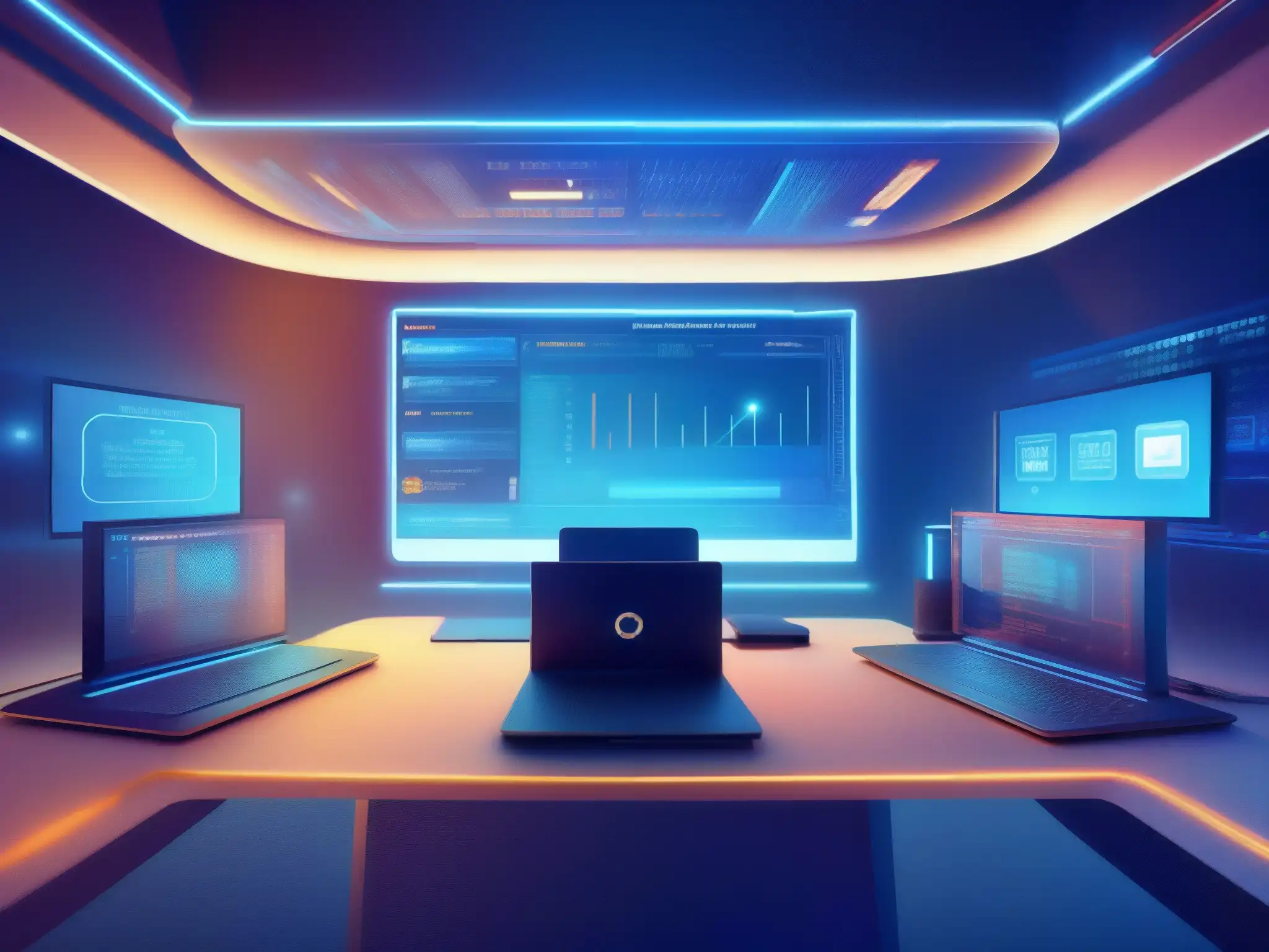 Protección futurista para videoconferencias Un sistema de firewall de alta tecnología protege una videoconferencia, con visualizaciones futuristas de seguridad