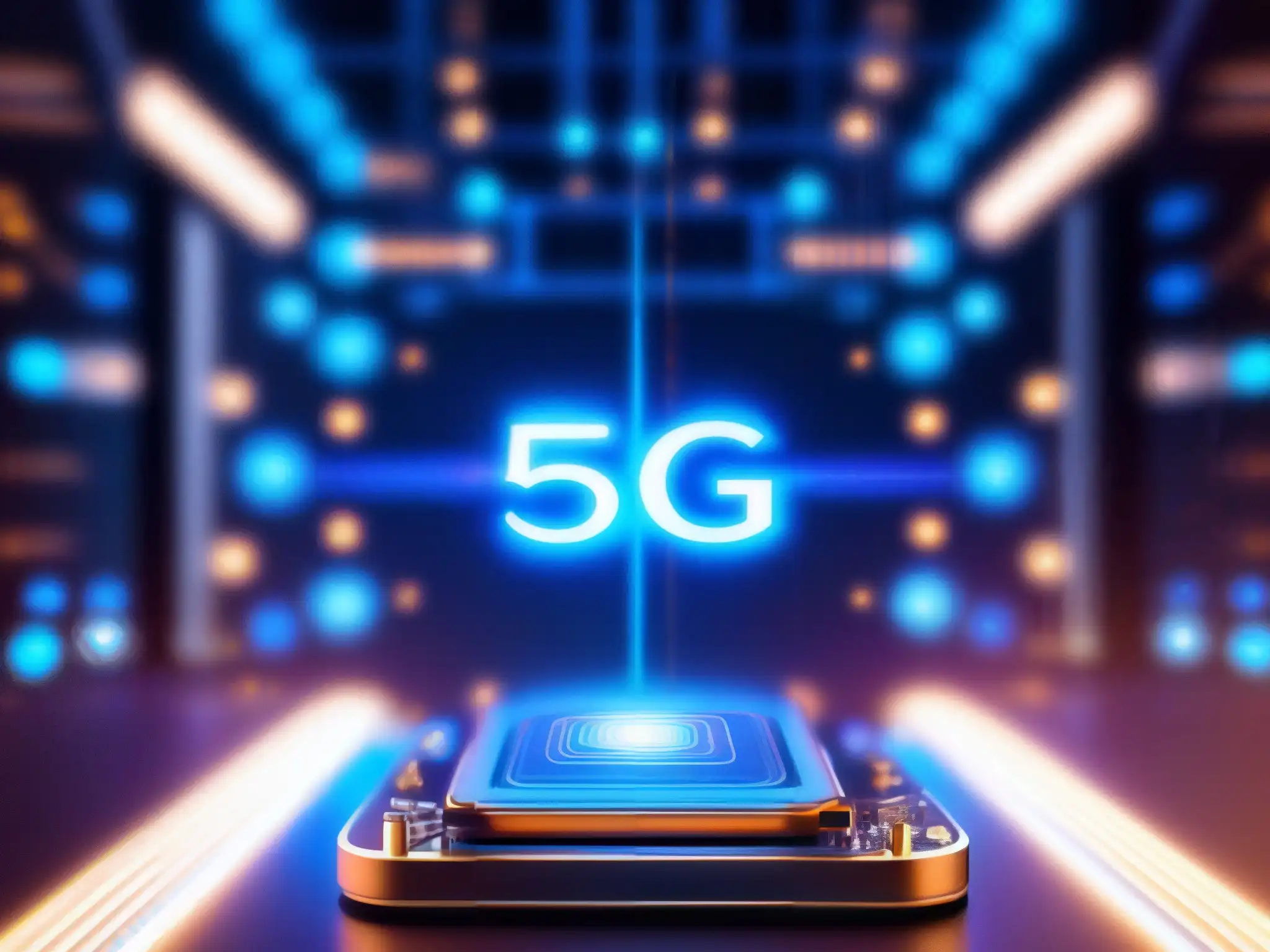 5G: Tecnología de Comunicación en Tiempo Real Un sistema de transmisor y receptor 5G de alta tecnología con circuitos intrincados y pulsantes flujos de energía, en un entorno futurista