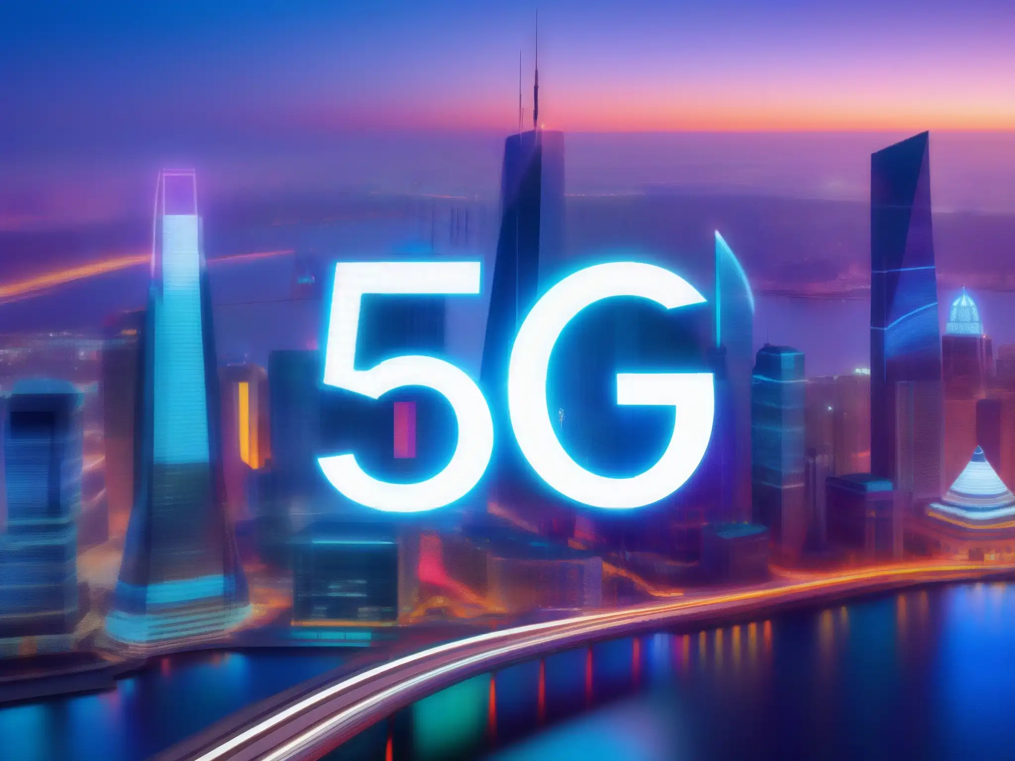 Skyline futurista 5G y videoconferencias El skyline nocturno de una ciudad futurista, conectada por líneas de luz, muestra la transformación de comunicaciones en tiempo real 5G