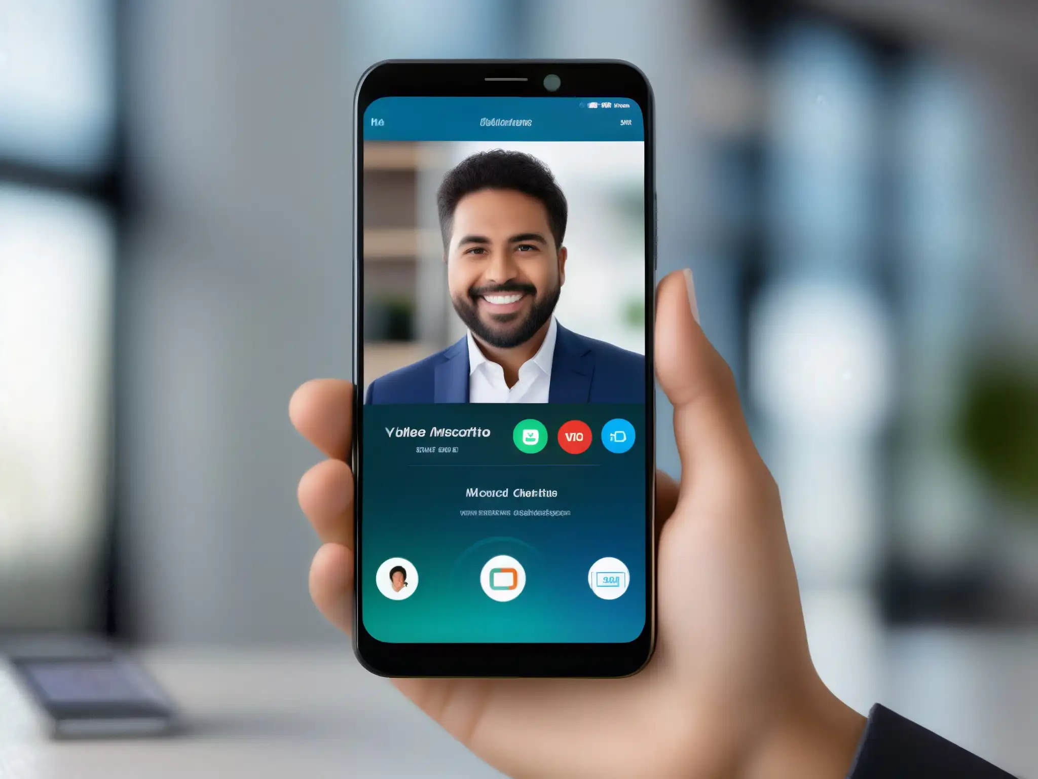 Smartphone para videoconferencias profesionales Un smartphone moderno muestra una app de videoconferencia profesional, con participantes, presentaciones y controles intuitivos