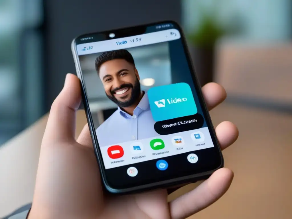Smartphone moderno en videoconferencia de alta calidad Smartphone moderno con videoconferencia de alta calidad y menú de configuración de notificaciones