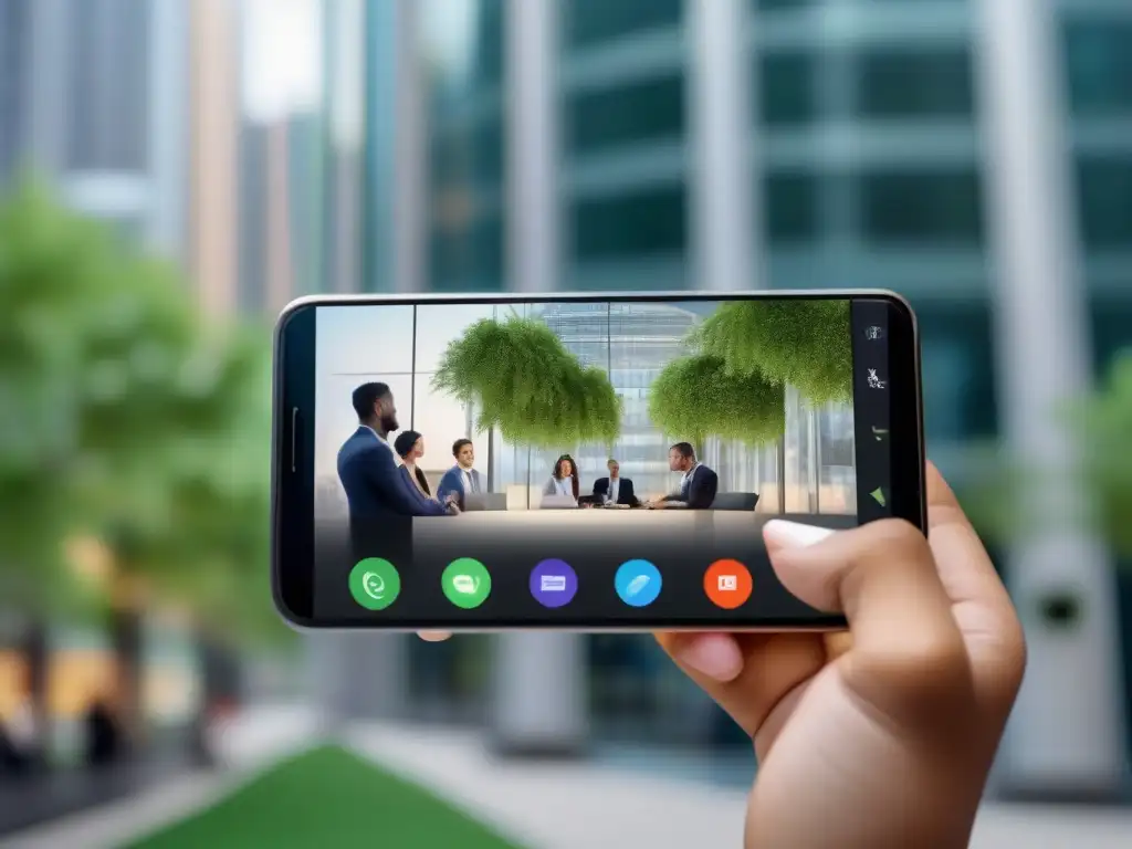 Videoconferencia móvil: profesionalidad en movimiento Un smartphone moderno muestra una videoconferencia profesional, ideal para dispositivos móviles