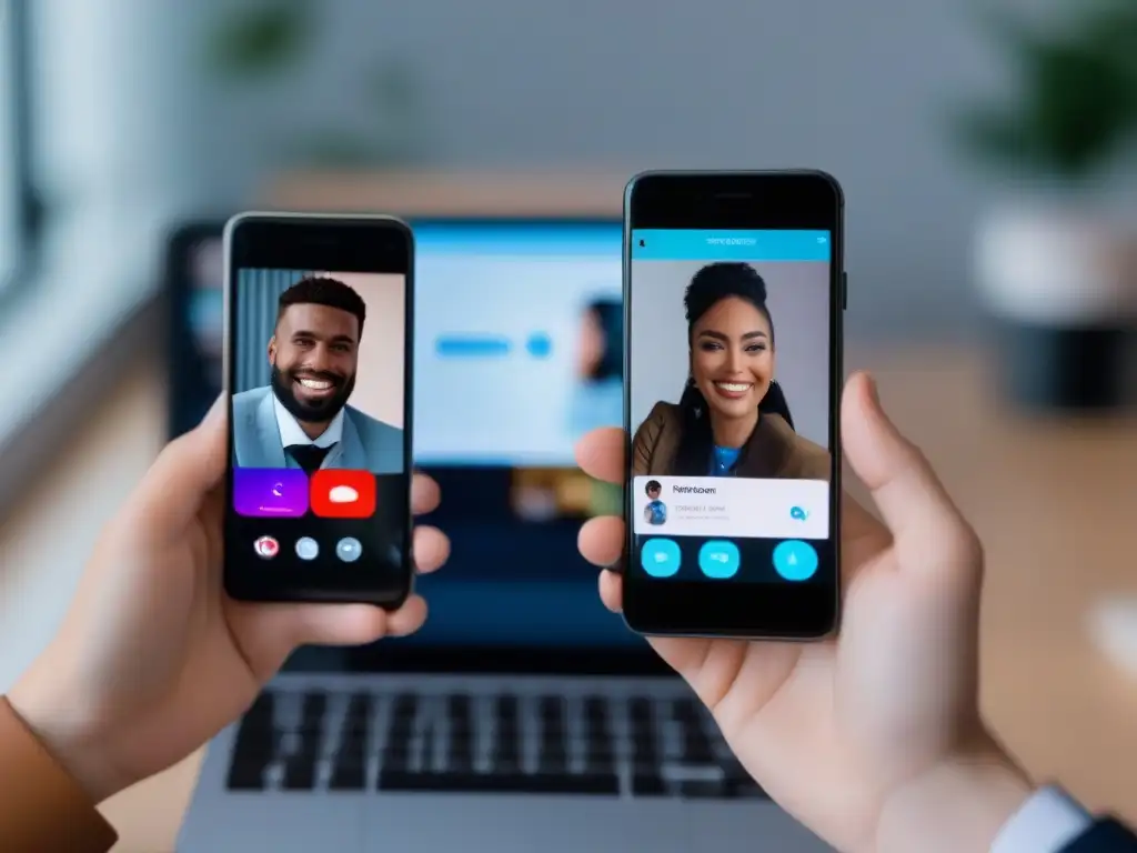 Conversación profesional vs Dos smartphones, uno con FaceTime y otro con Skype, muestran llamadas personales en un entorno profesional y eficiente