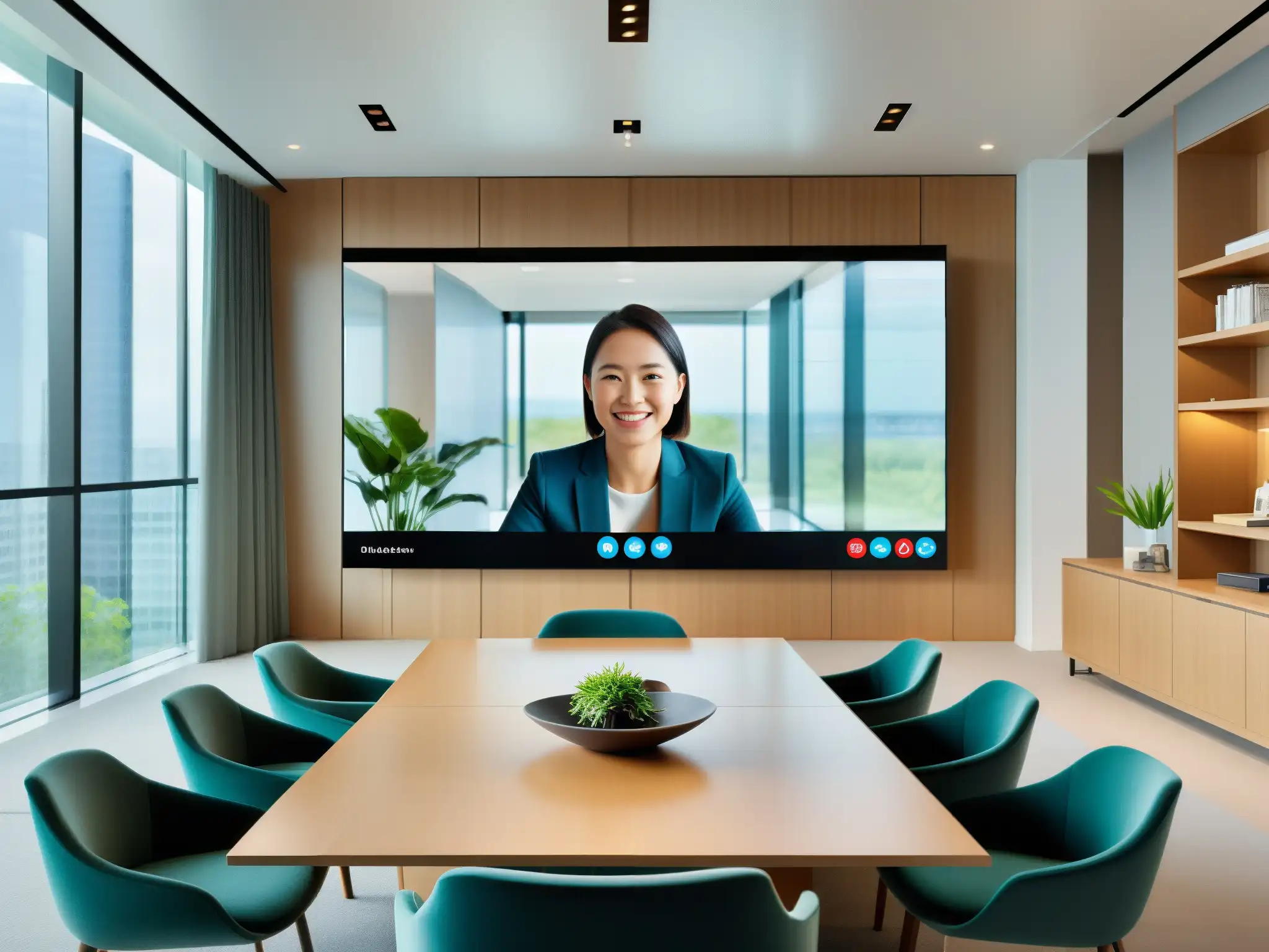 Sala de reuniones virtuales: profesionales en acción Software de videoconferencia para profesionales en un ambiente colaborativo y productivo con profesionales diversos en una oficina moderna