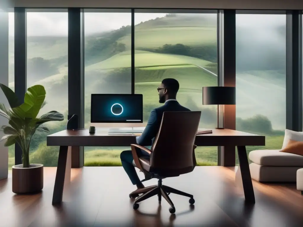 Oficina en casa moderna con ventana panorámica y productividad profesional Una solución sostenible para videoconferencias profesionales en un moderno y acogedor despacho con vista a la naturaleza