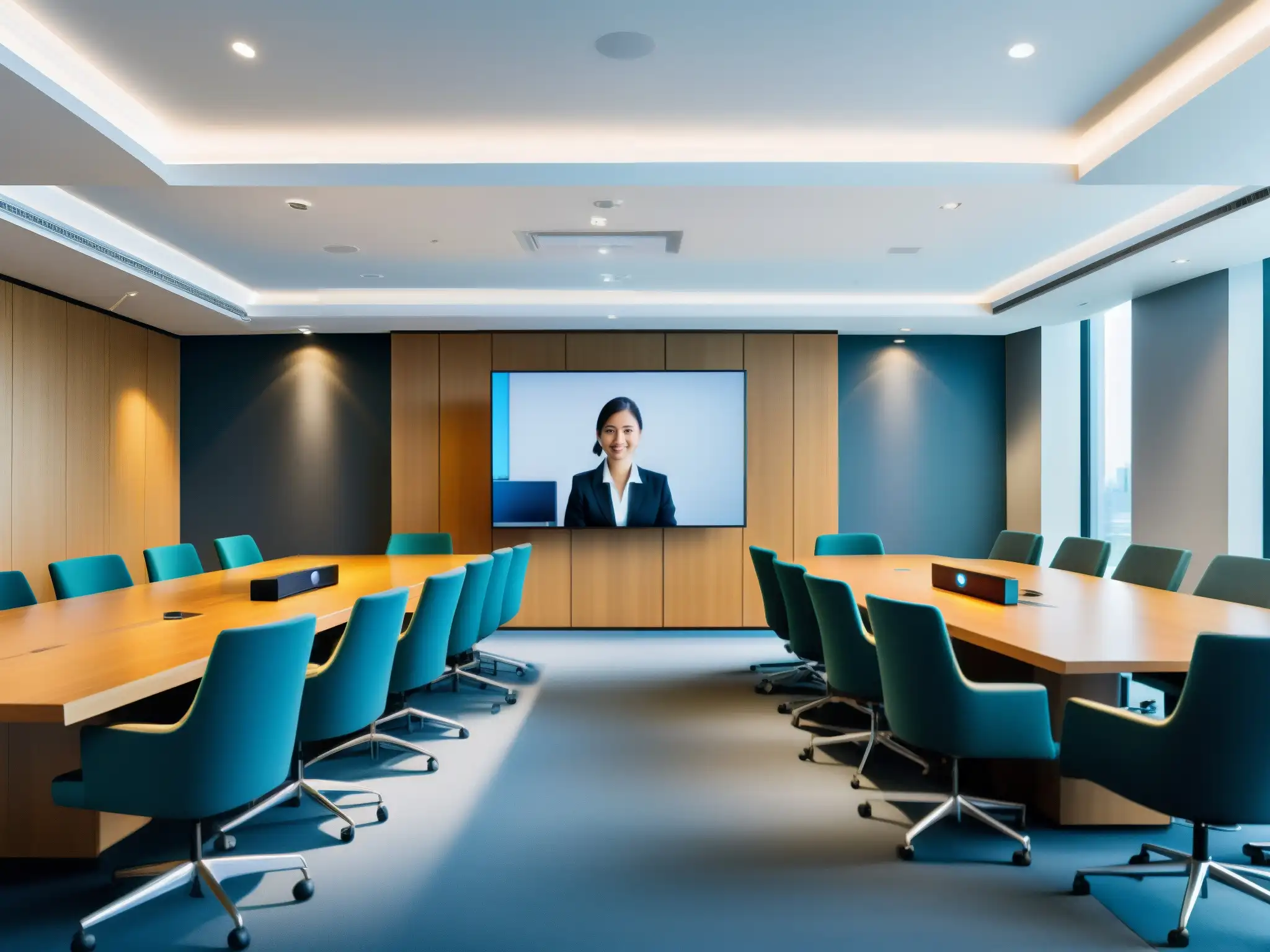 Sala de juntas moderna y segura para videoconferencias financieras Soluciones de videoconferencia sector financiero: Elegante configuración en sala de reuniones, llamada segura y participantes confiables