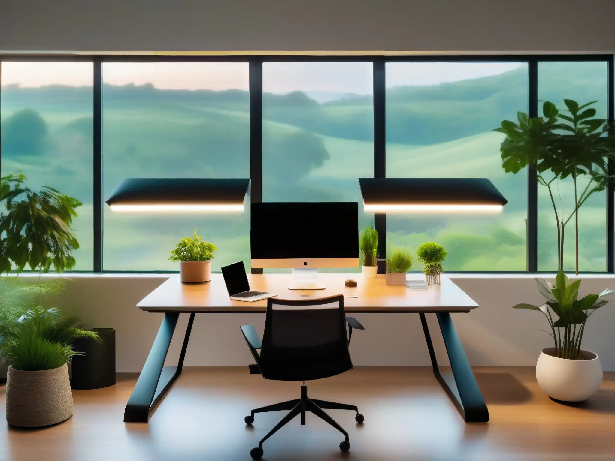 Oficina en casa sostenible con videoconferencia Solución sostenible para videoconferencias profesionales en un moderno y ecológico espacio de trabajo con vistas a la naturaleza