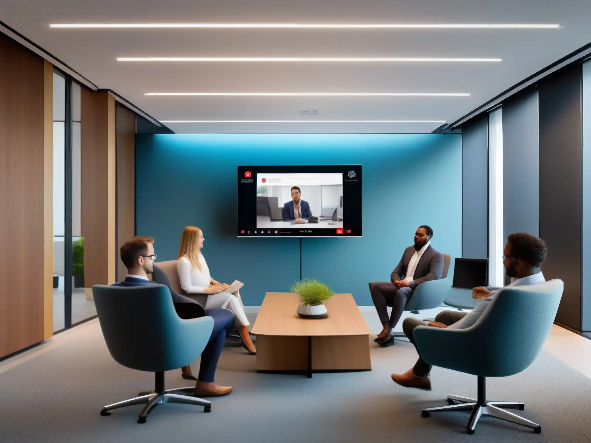 Colaboración híbrida en Avaya Spaces: productividad y conectividad Implementación de Avaya Spaces para videoconferencia: Profesionales colaborando en un entorno híbrido, fomentando productividad y conectividad