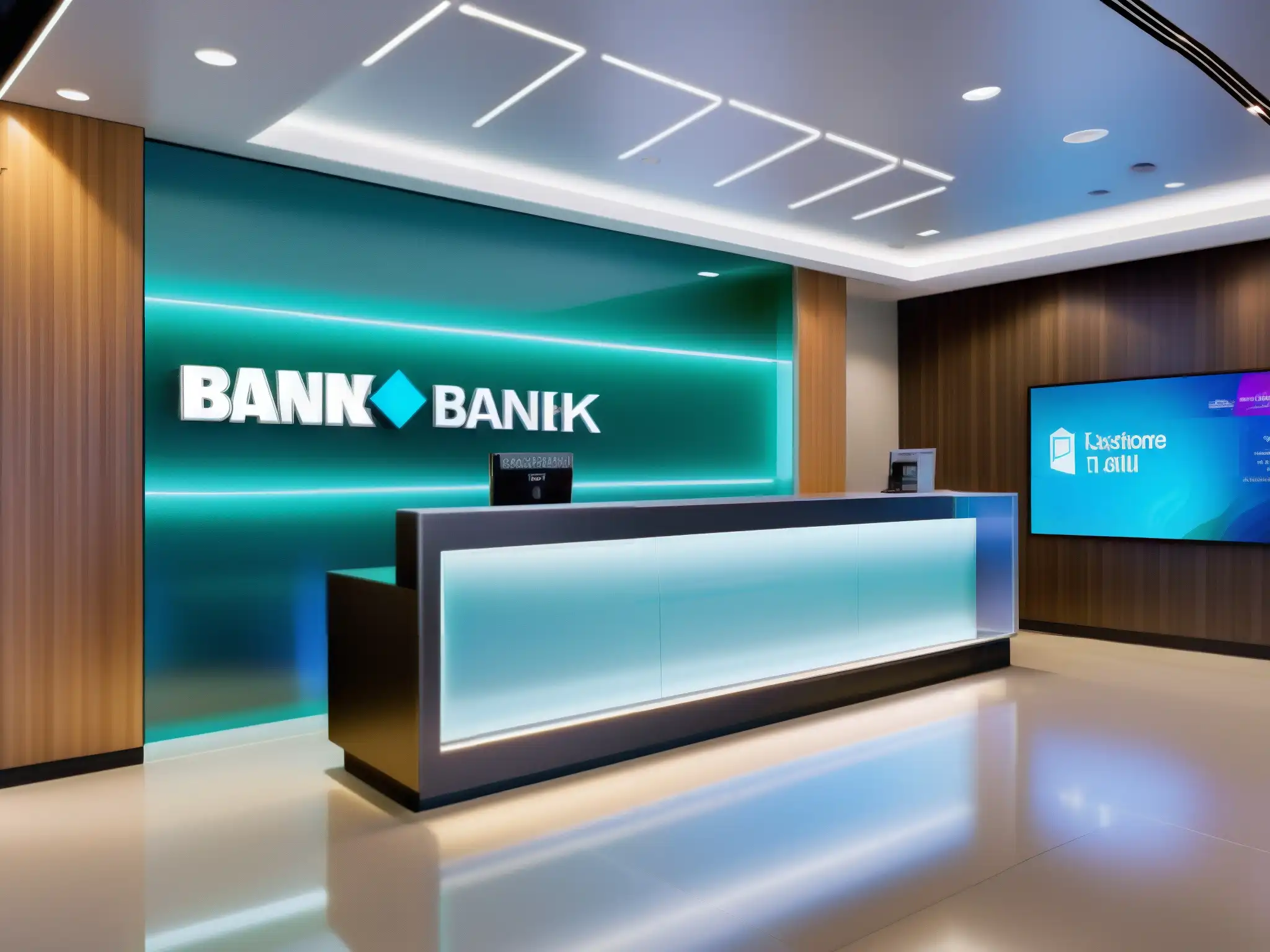 Sucursal bancaria futurista: fusionando tecnología y atención al cliente Sucursal bancaria moderna con tecnología futurista y atención al cliente