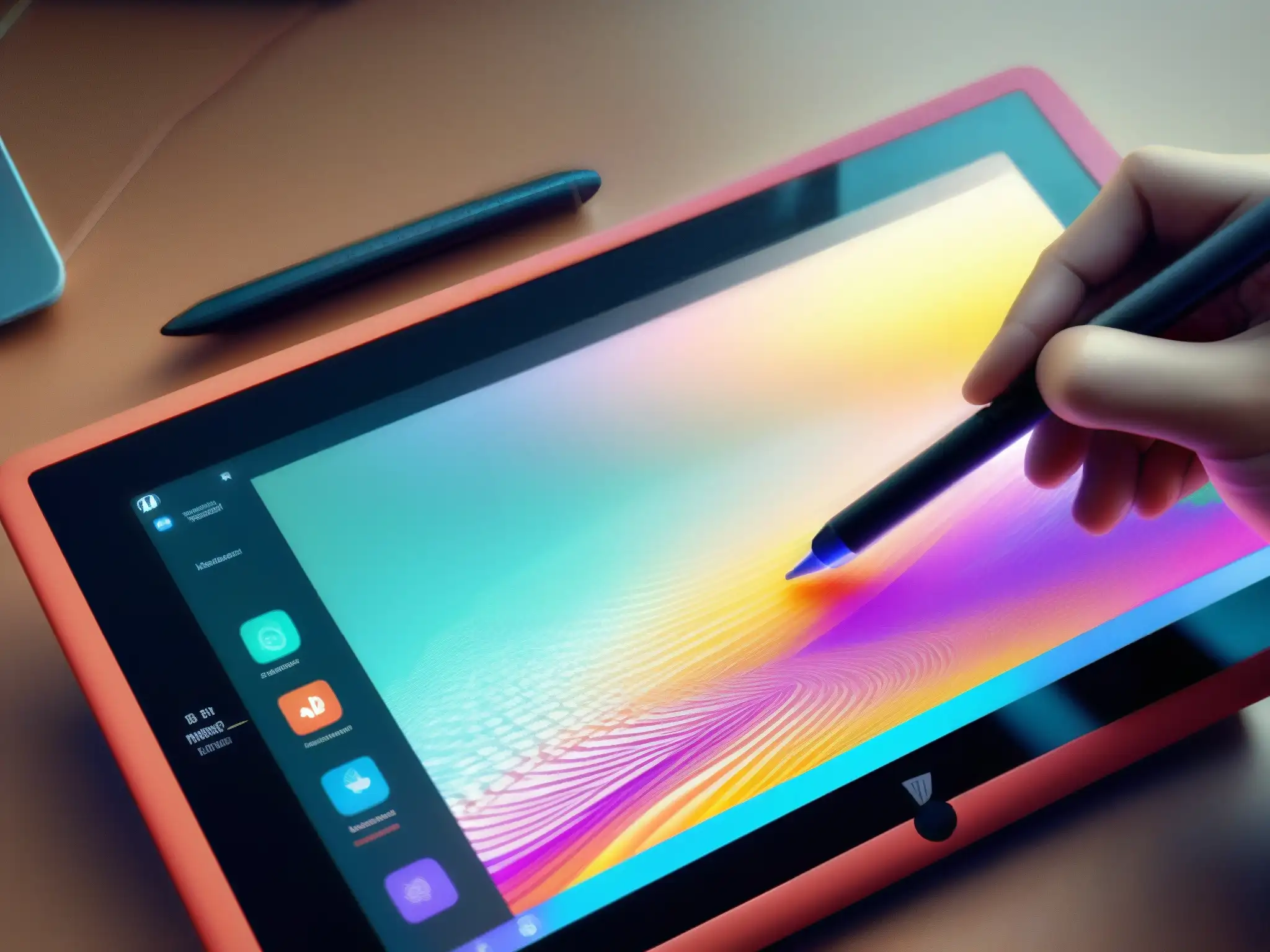 Tableta gráfica: arte digital en tiempo real Una tableta digital con un dibujo vibrante en la pantalla, reflejando la enseñanza de arte a través de videoconferencias