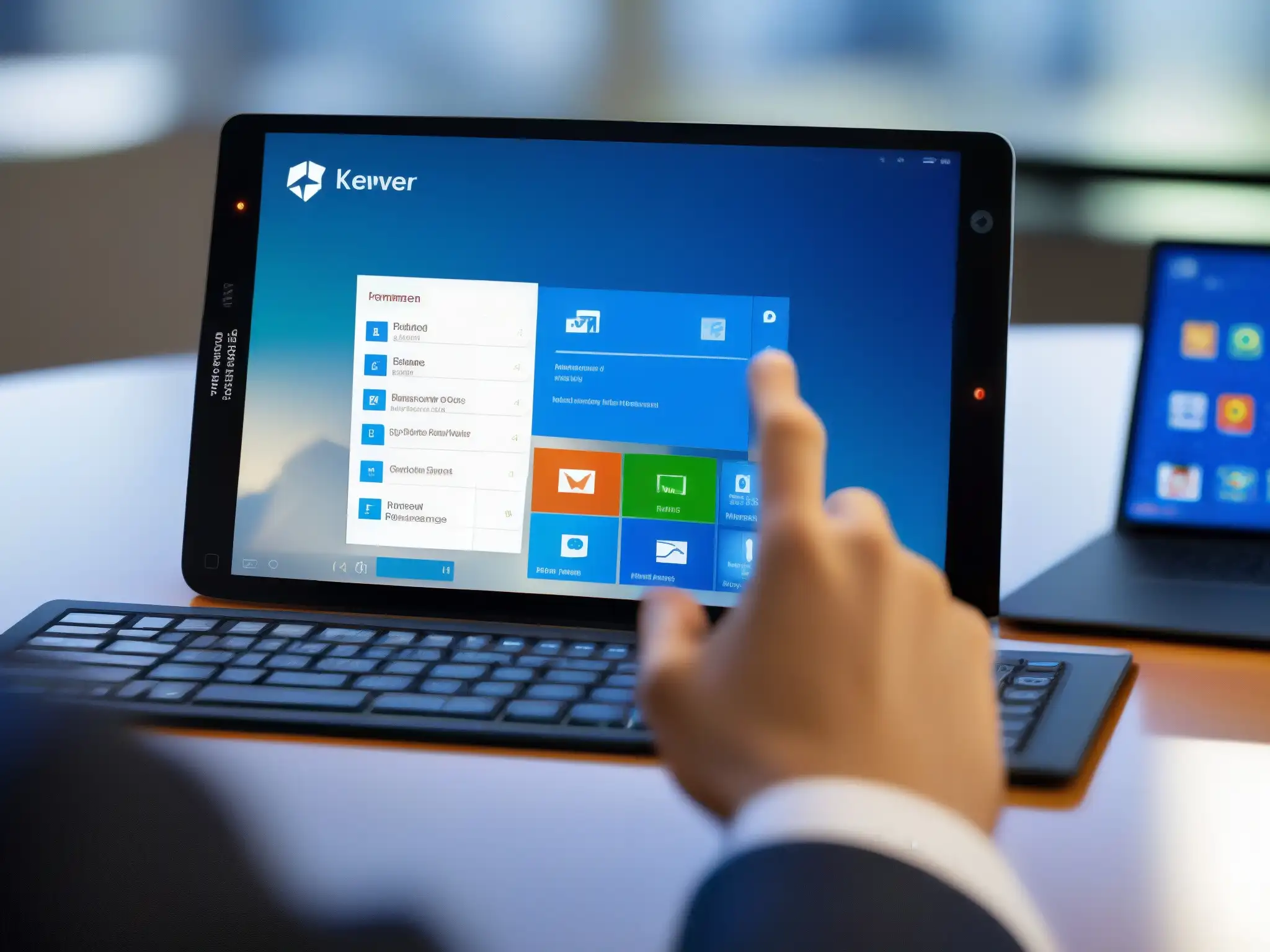 Tablet profesional con interfaz de soporte remoto Tableta moderna mostrando software alternativo para PYMES con interfaz profesional de escritorio remoto y ambiente de oficina contemporáneo