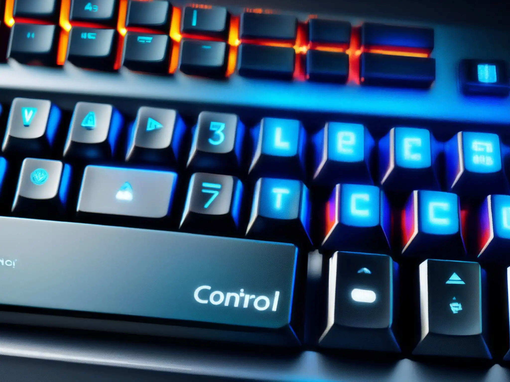 Iluminación LED brillante y detalles texturizados: teclado plateado Teclado plateado con luces LED resaltando teclas 'control' y 'alt', reflejando ambiente profesional y futurista