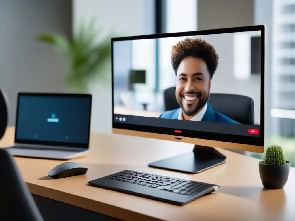 Videoconferencia profesional: colabore de forma efectiva Técnicas efectivas para videoconferencias: Imagen de una videoconferencia profesional, moderna y dinámica en un espacio bien iluminado y organizado